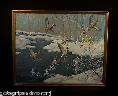 Vintage 1940s Mallard Ducks Snow Marsh Lithograph Print - 17.5