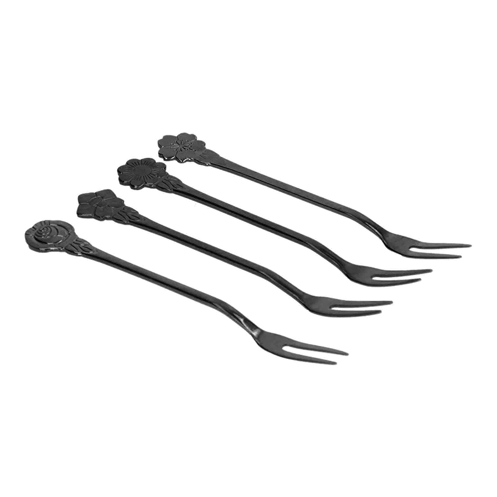 4-Piece Stainless Steel 2-Prong Fruit Forks - Mini Salad & Dessert Tasting Forks for Home, Kitchen, Party - Durable Ruthenium Black (Perfect for Fruit Platters, Cheese Boards & Appetizers)