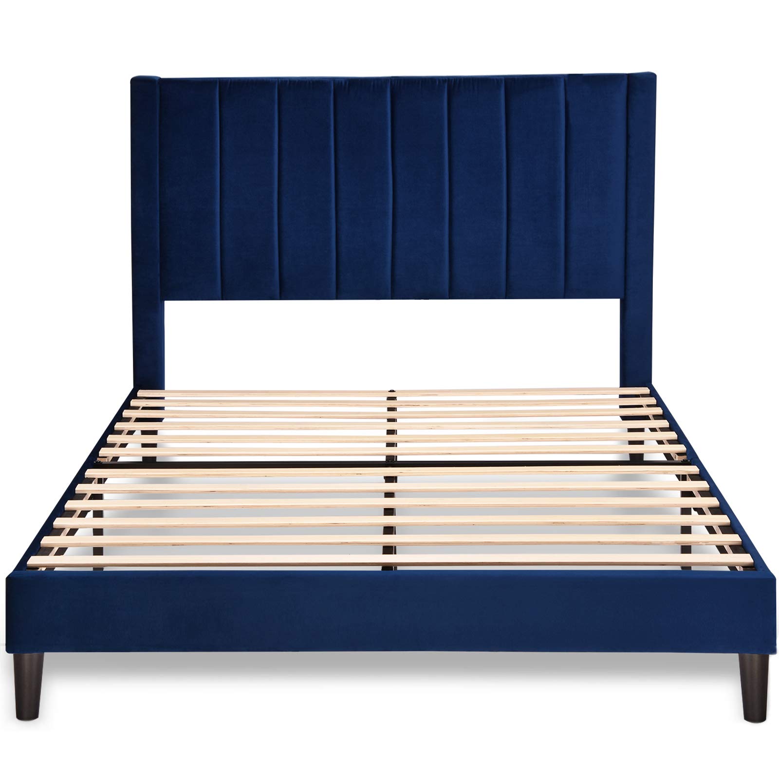 Luxury Velvet Upholstered Queen Size Bed Frame with Headboard - Dark Blue Platform Bed with Sturdy Wood Slat Support, No Box Spring Required | Perfect for Modern Bedrooms, Guest Rooms & Master Suites