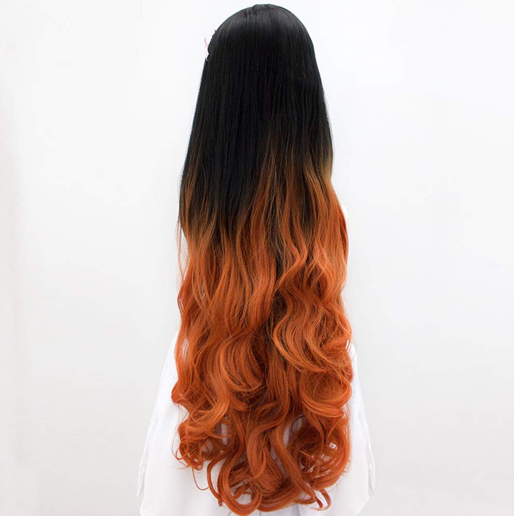 Long Black Ombre Orange Curly Synthetic Cosplay Wig for Women - Kamado Nezuko Anime Style Wig | Perfect for Halloween, Cosplay Events & Anime Conventions