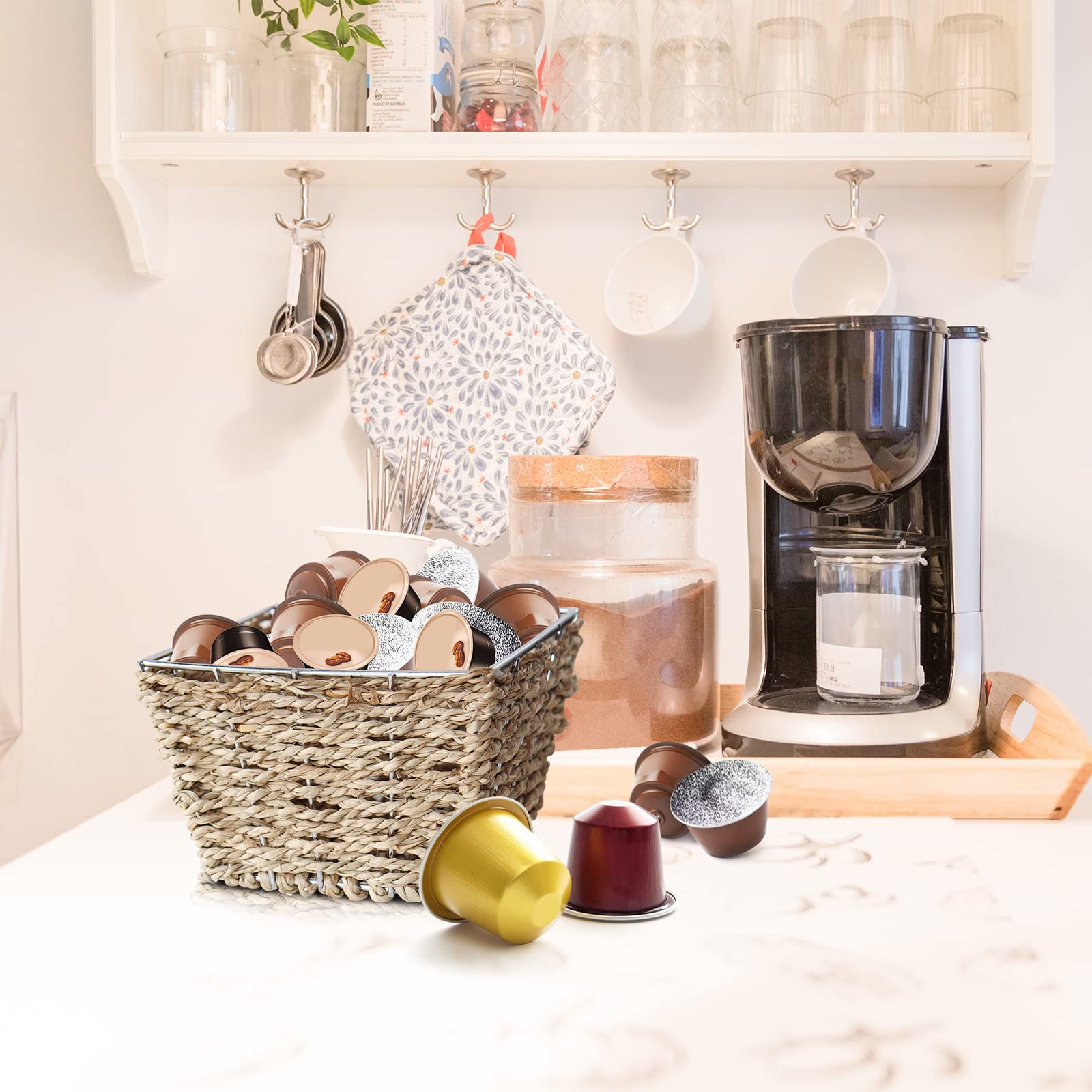Premium Seagrass-Wrapped Metal Coffee Pod Holder - Large Capacity K Cup & Nespresso Pod Organizer for Kitchen Countertop or Office Desk
