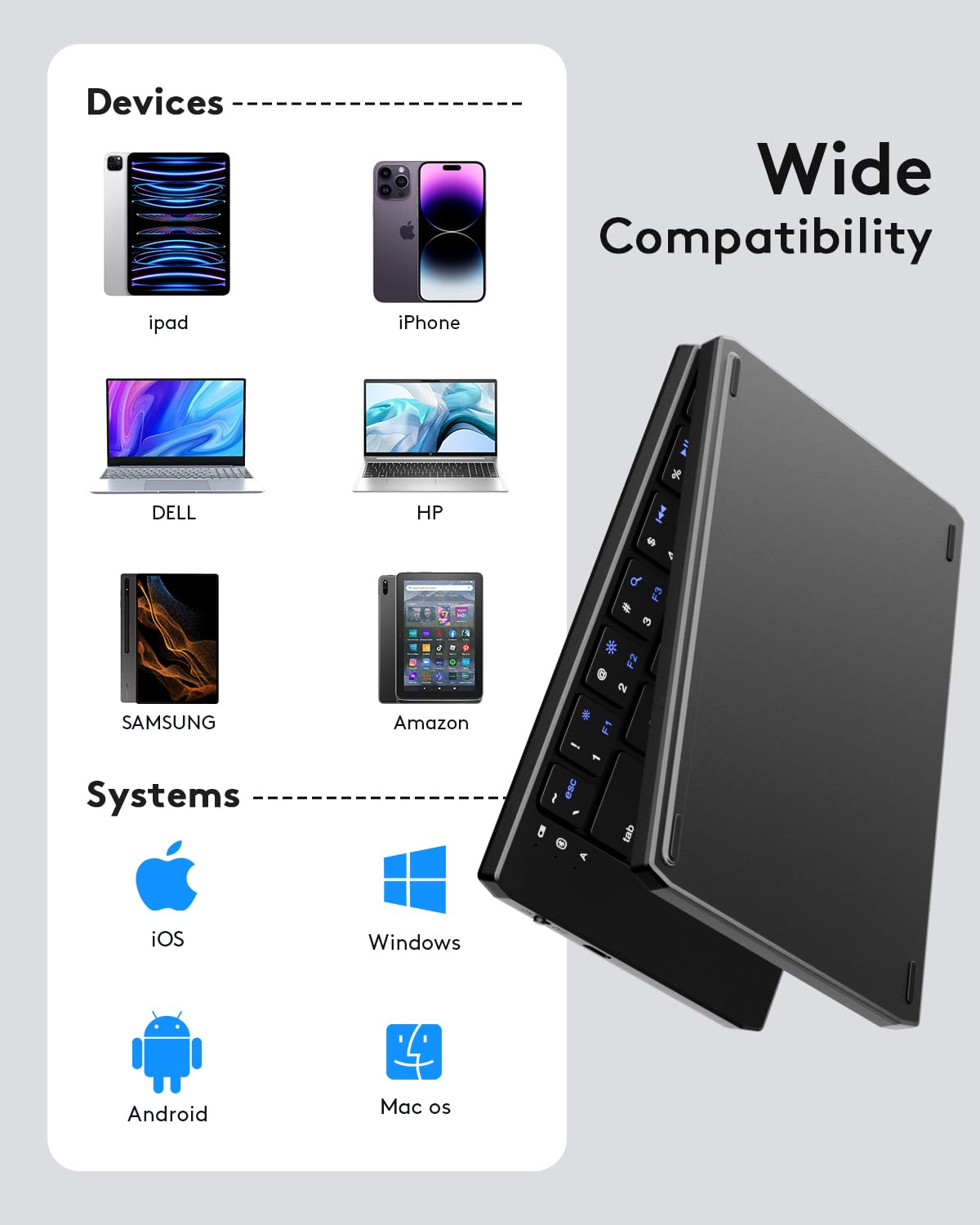 Foldable Bluetooth Keyboard - Portable Wireless Rechargeable Keyboard for iPad, iPhone, MacBook, Android & Windows | Supports 3 Devices Simultaneously | Perfect for Travel, Office & Home Use | Black