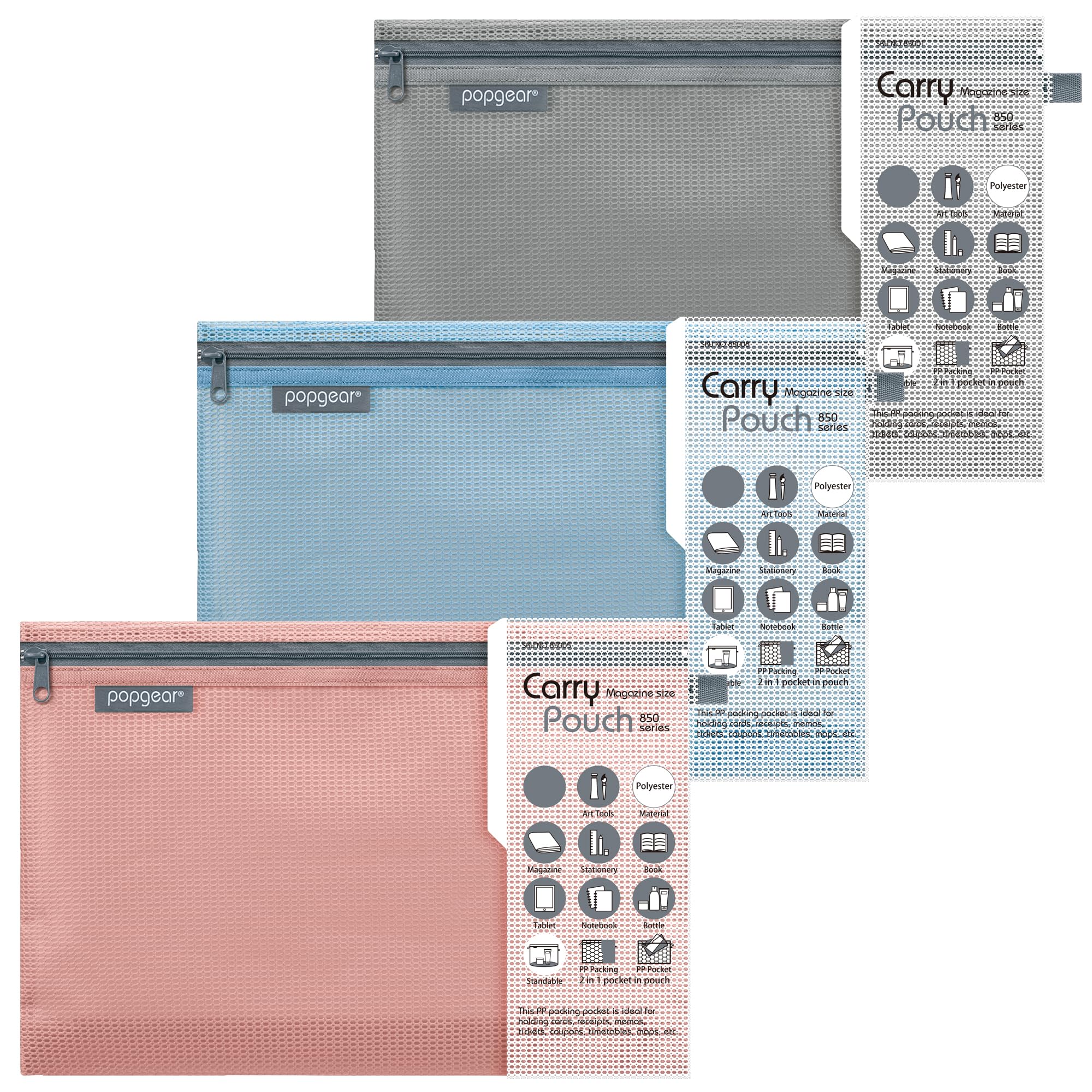 **PopGear Expandable Mesh Zipper Pouch - Waterproof Travel Organizer for Toiletries, Cosmetics & Documents - Compact Packing Pouches (3-Pack, 3 Colors) - Perfect for Travel, Gym & Office Use**