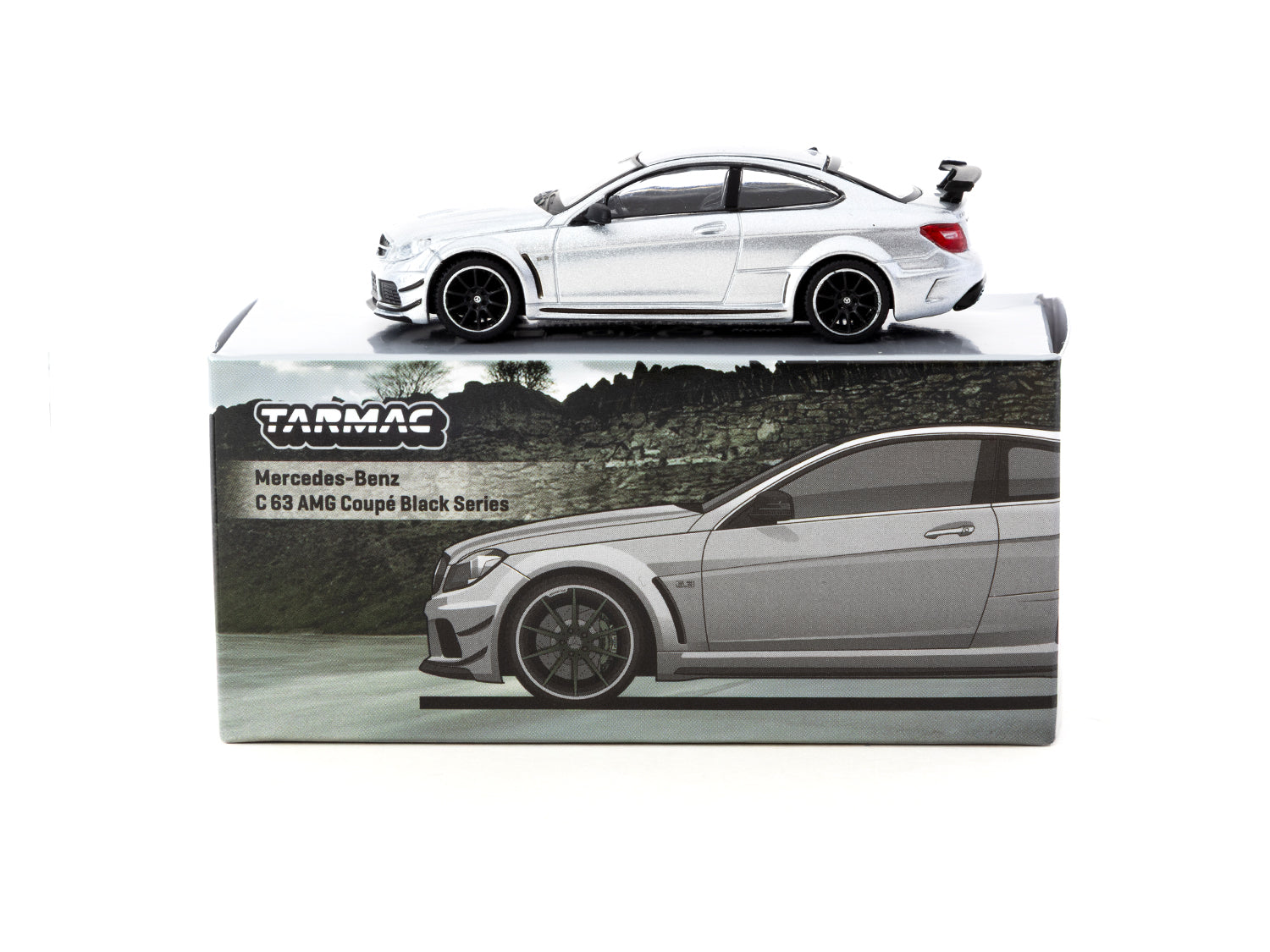 Tarmac Works 1/64 Scale Mercedes Benz C63 AMG Coupe Black Series Diecast Model Car - Silver Metallic Finish | Collectible Miniature Vehicle for Display & Racing Scenes | Perfect for Diecast Collectors & Car Enthusiasts
