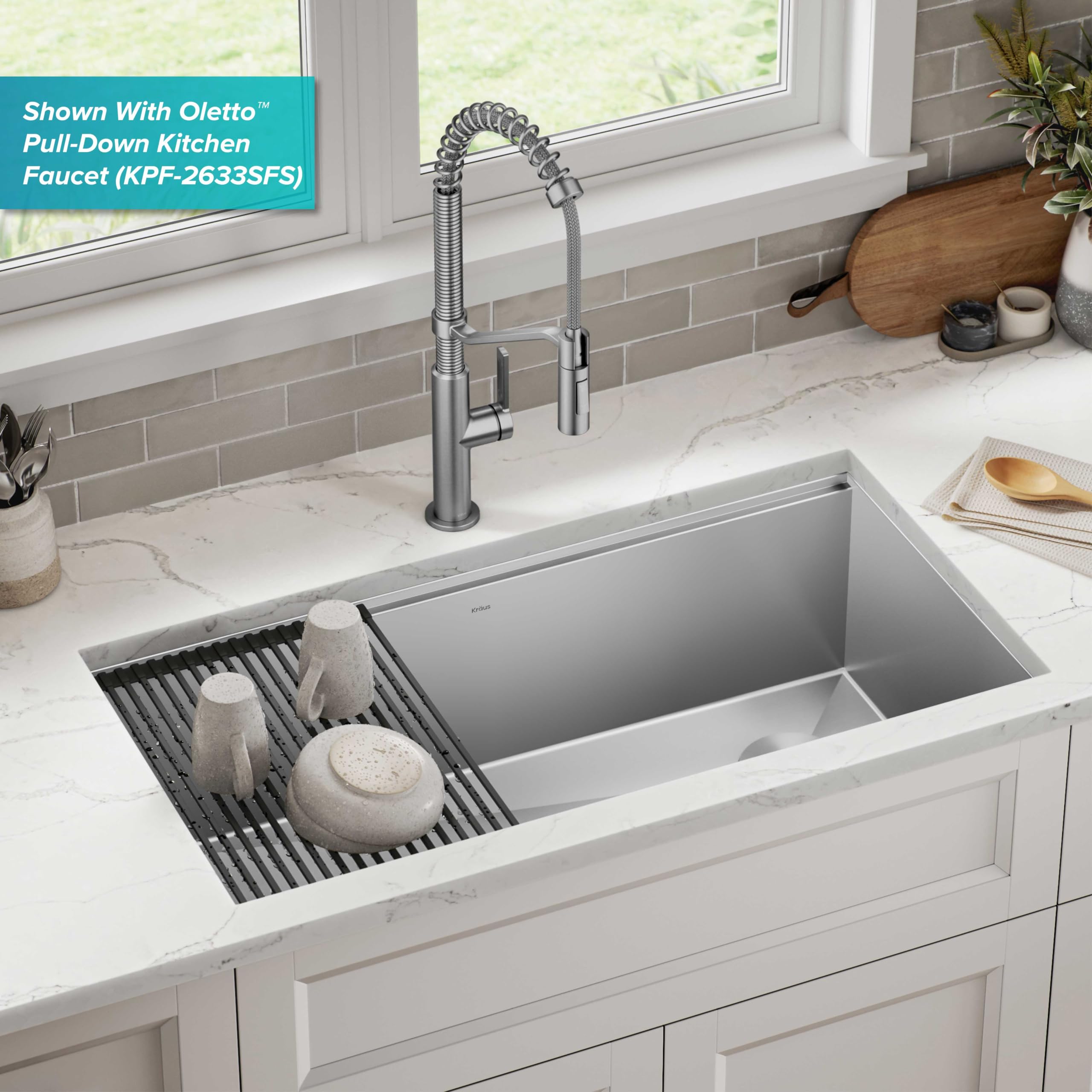 KRAUS Kore 36-Inch Undermount Workstation Single Bowl Kitchen Sink - 16 Gauge Stainless Steel with Accessories (KWU110-36) - Perfect for Modern Kitchens & Food Prep Stations