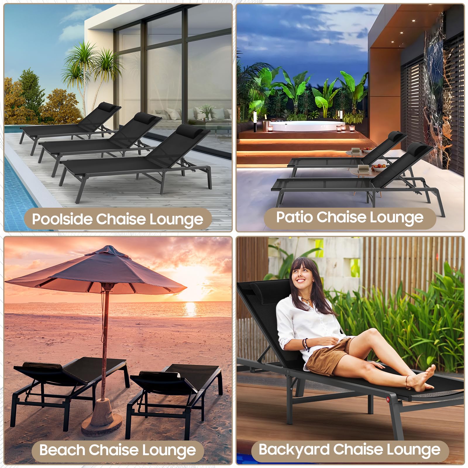 **WOAJN 2-Pack Aluminum Patio Chaise Lounge Chairs - 5-Position Adjustable Backrest, Foldable & Lightweight for Outdoor Use - Perfect for Poolside, Lawn, Deck, Beach, and Backyard Relaxation**