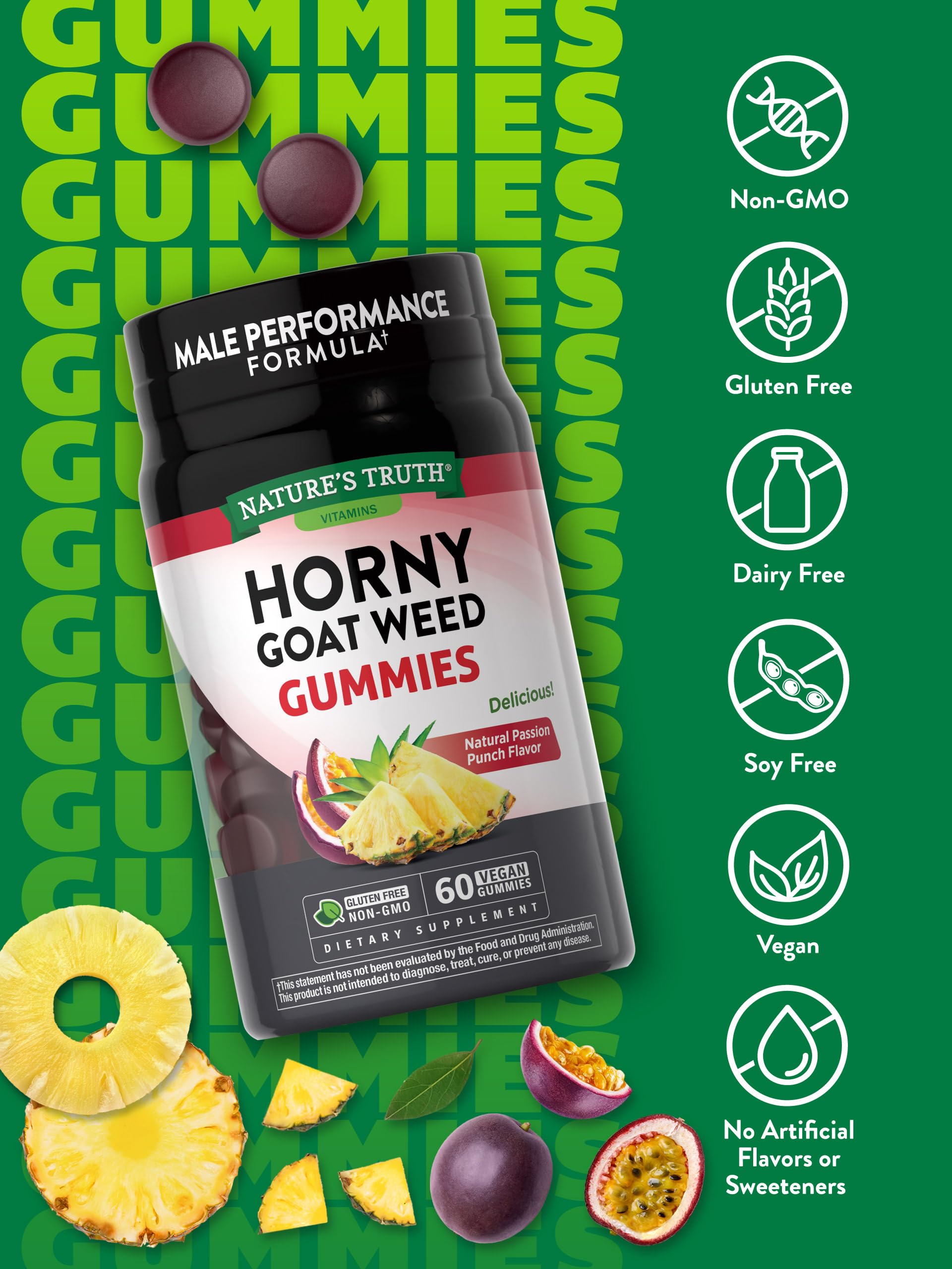Nature's Truth Horny Goat Weed Gummies with Maca Root - 60 Count | Vegan, Non-GMO, Gluten Free Supplement for Men | Passion Punch Flavor | Natural Energy & Vitality Boost for Intimate Moments & Daily Wellness