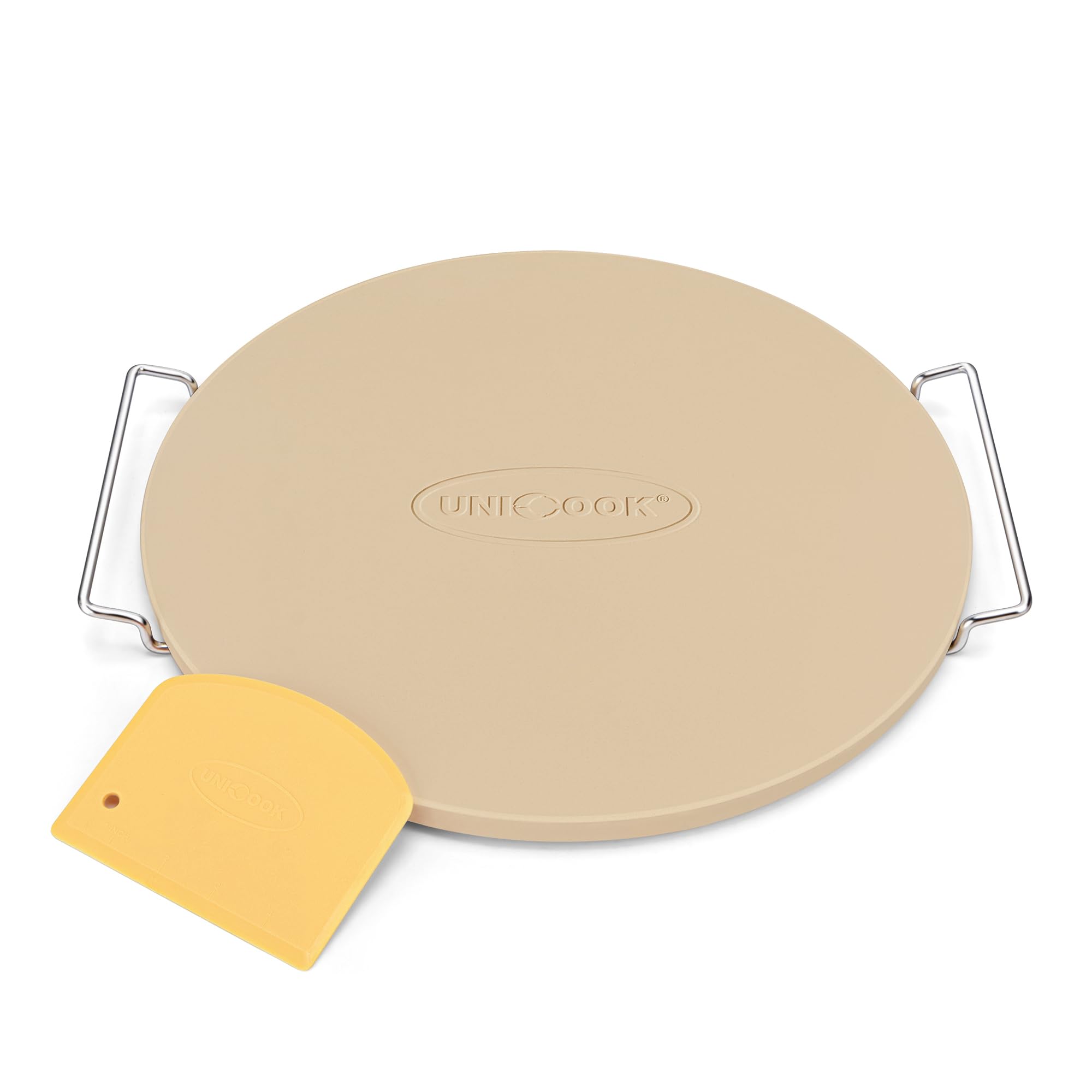 Unicook 12 Inch Round Pizza Stone for Oven & Grill - Premium Cordierite Baking Stone for Crispy Pizza, Bread & Cookies - Includes Carry Rack & Dough Scraper - Perfect for Home Baking, Outdoor Grilling & Restaurant Use