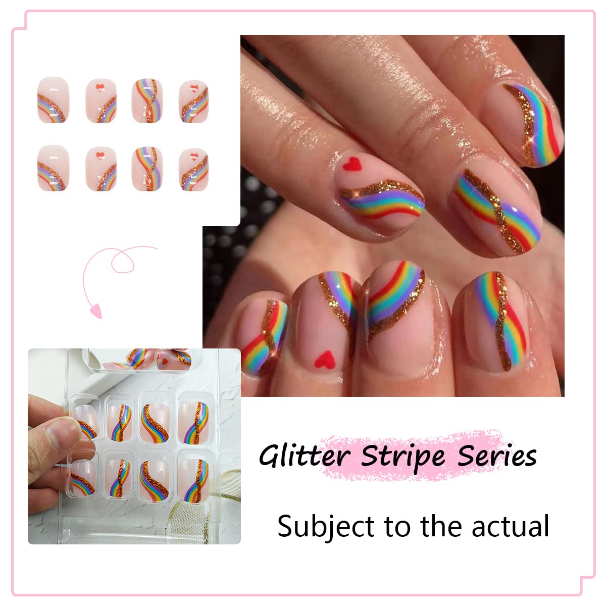 24Pcs Short Press on Nails - Rainbow Glitter Acrylic French Fake Nails with Colorful Stripes & Heart Designs - Square Artificial Nails for Pride, Parties & Everyday Wear