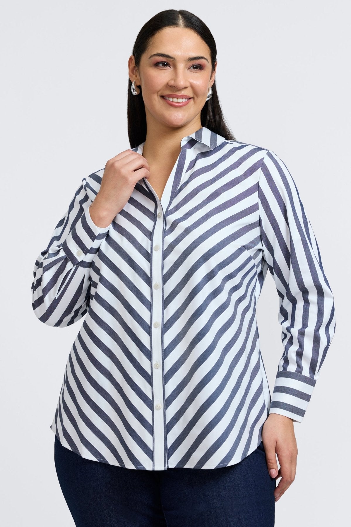 Mary Plus Springtime Stripe Long Sleeve Shirt for Women - Casual Button Down Blouse with Striped Pattern - Perfect for Office, Date Night & Spring Outfits