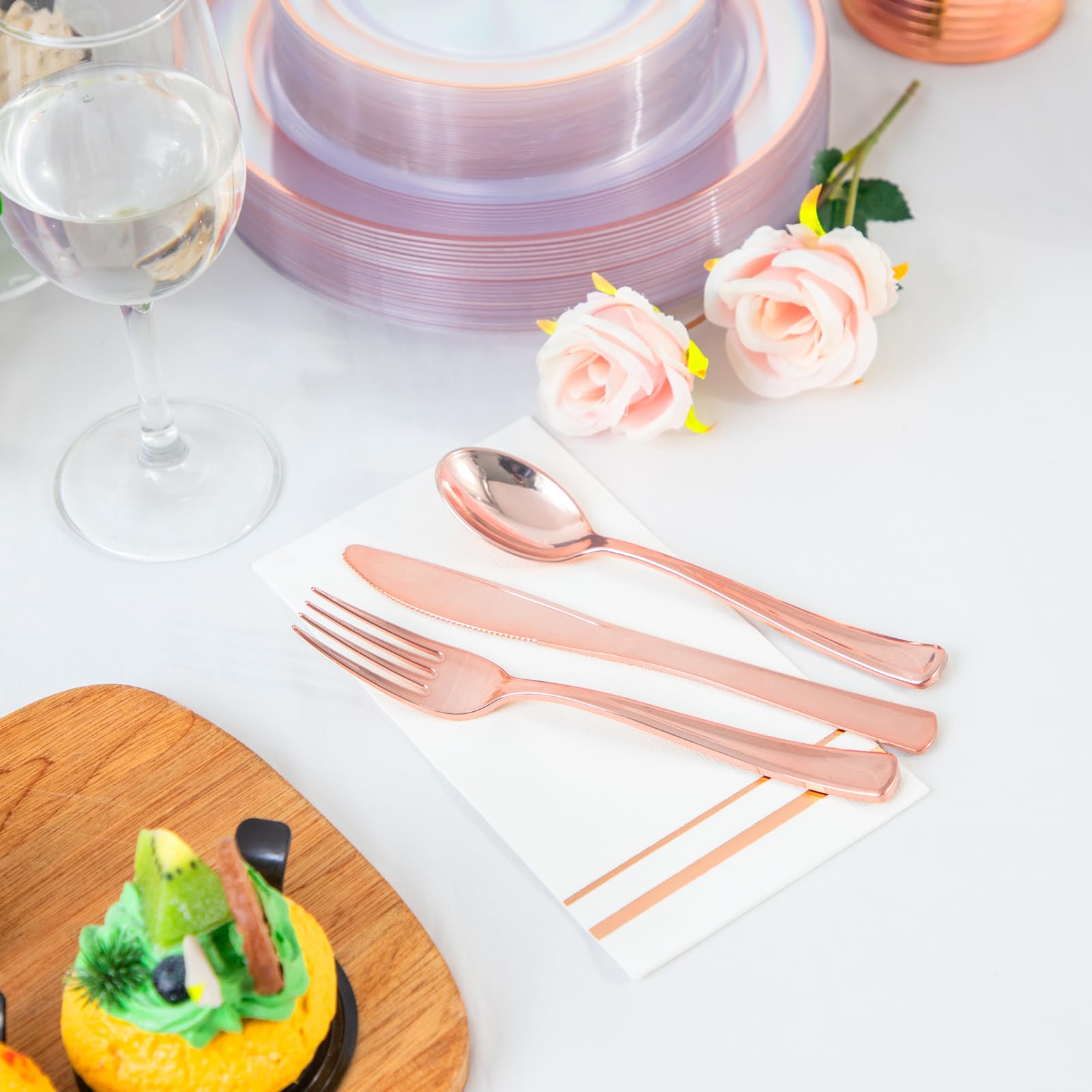 350-Piece Rose Gold Plastic Party Dinnerware Set - 100 Disposable Rose Gold Rimmed Plates, 150 Silverware, 50 Napkins & 50 Cups for Weddings, Easter, Birthday & Bridal Showers - Elegant Disposable Tableware for Special Occasions