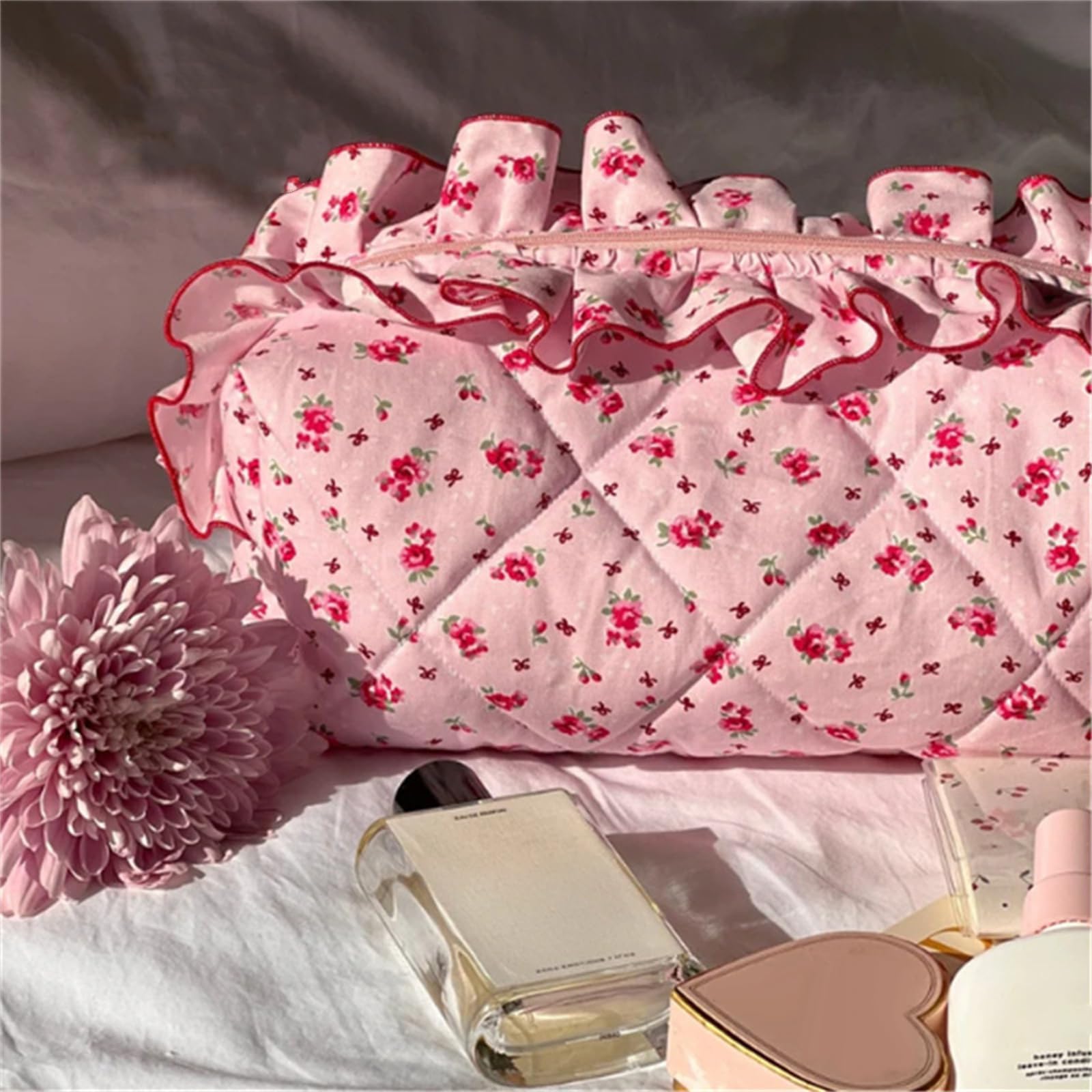Cotton Makeup Bag Large Capacity Travel Cosmetic Pouch - Stylish Coquette Accessories for Women & Girls, Pink Floral Design - Perfect for Travel, Outdoor Camping, Hiking & Daily Use