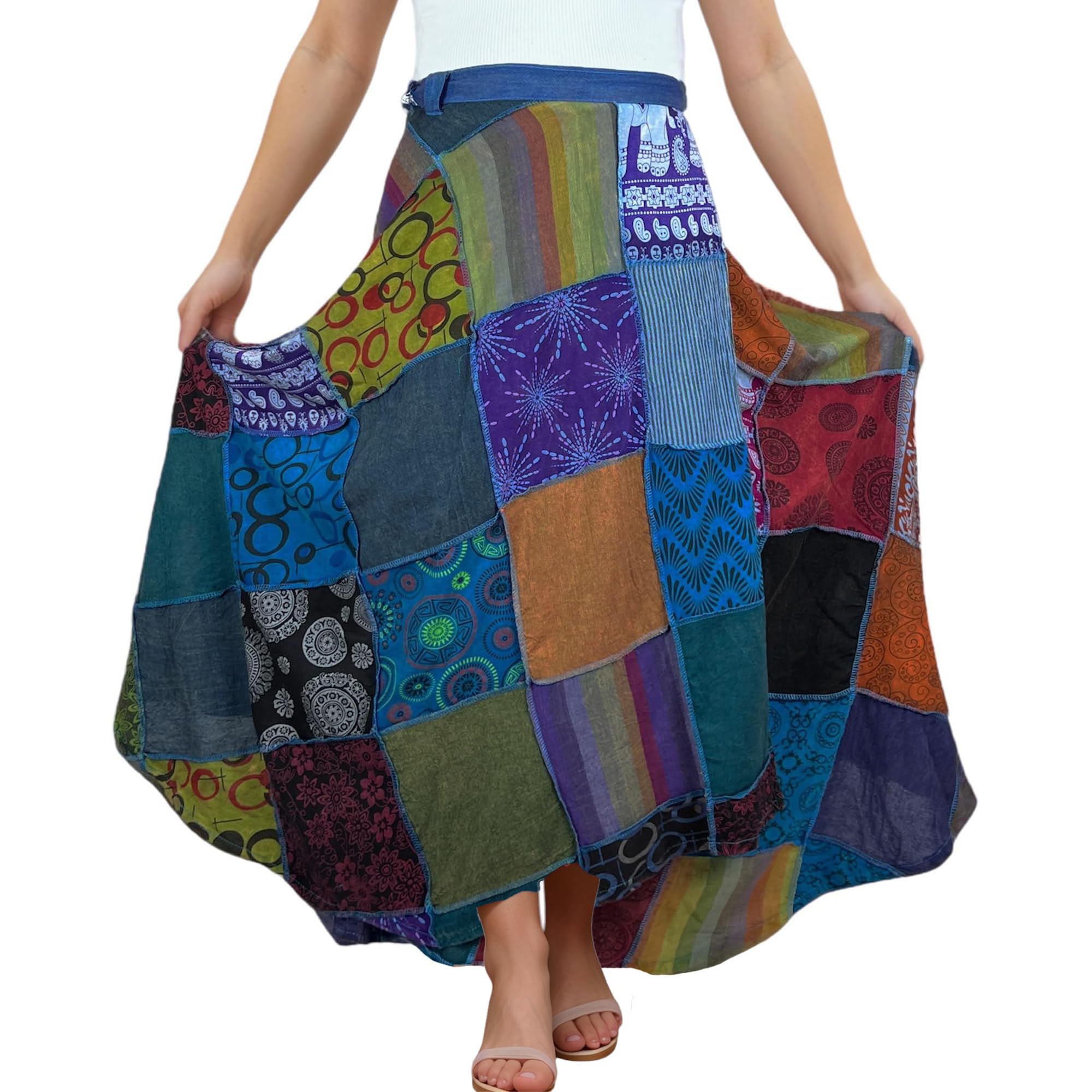 Agan Traders Women's 2025 Spring & Fall Boho Maxi Skirt - High Waisted Long Wrap Skirt with Patchwork & Tie-Up Design for Beach, Festival & Casual Wear