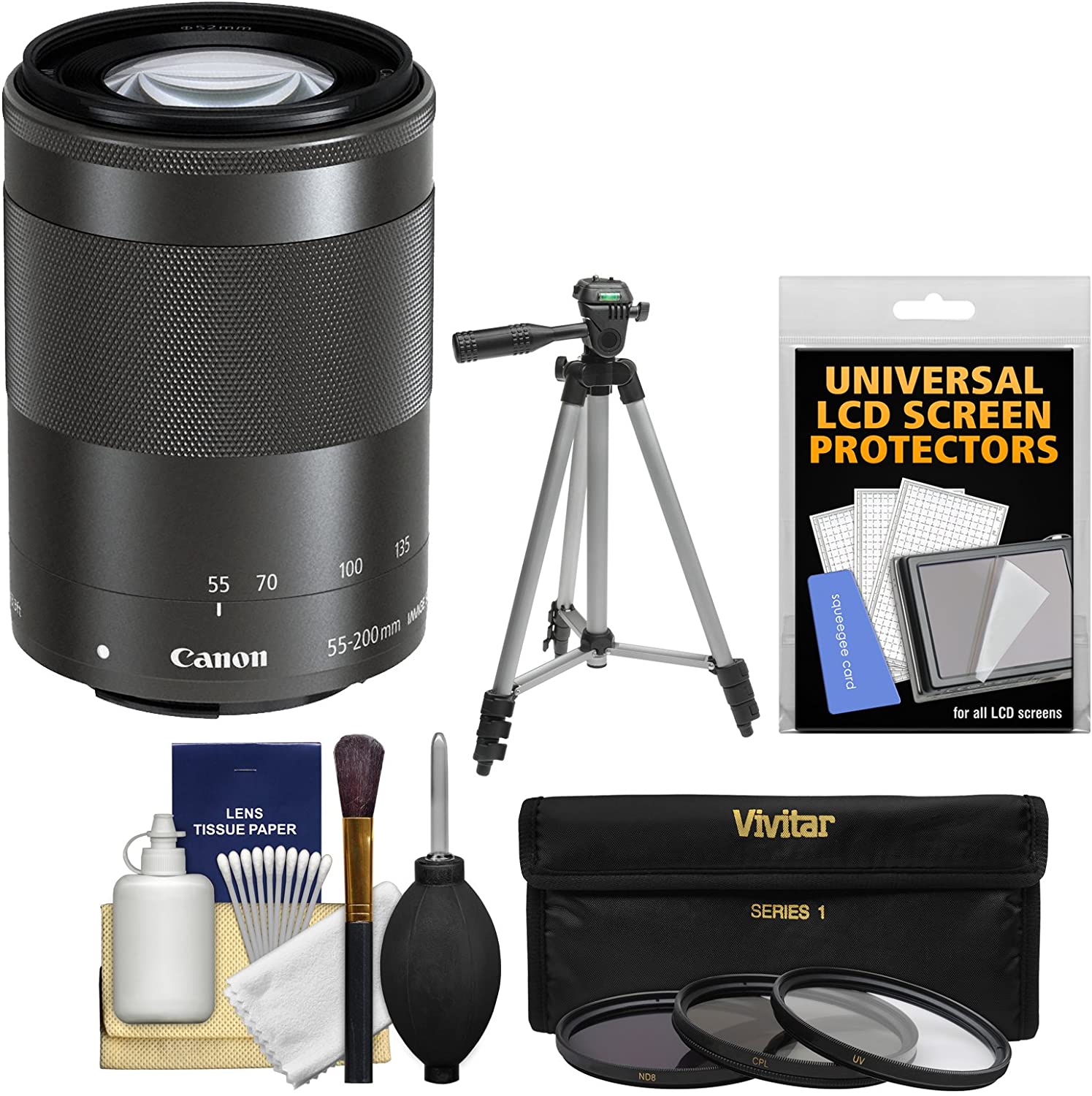 Canon EF-M 55-200mm f/4.5-6.3 IS STM Telephoto Zoom Lens with Tripod & 3-Piece Filter Kit (UV/CPL/ND8) - Perfect for Travel, Wildlife & Portrait Photography