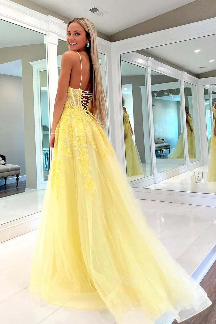 Elegant Long Yellow Floral Prom Dress with A-Line Silhouette & Spaghetti Straps - Perfect for Homecoming, Formal Dances & Special Occasions
