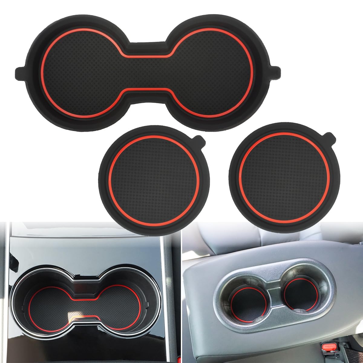 Custom Fit 3D Silicone Cup Holder Coasters for Tesla Model 3 (2017-2023) & Model Y (2020-2023) - Non-Slip Interior Accessories (Red, 3-Pack) | Perfect for Coffee, Drinks & Protecting Your Tesla's Console