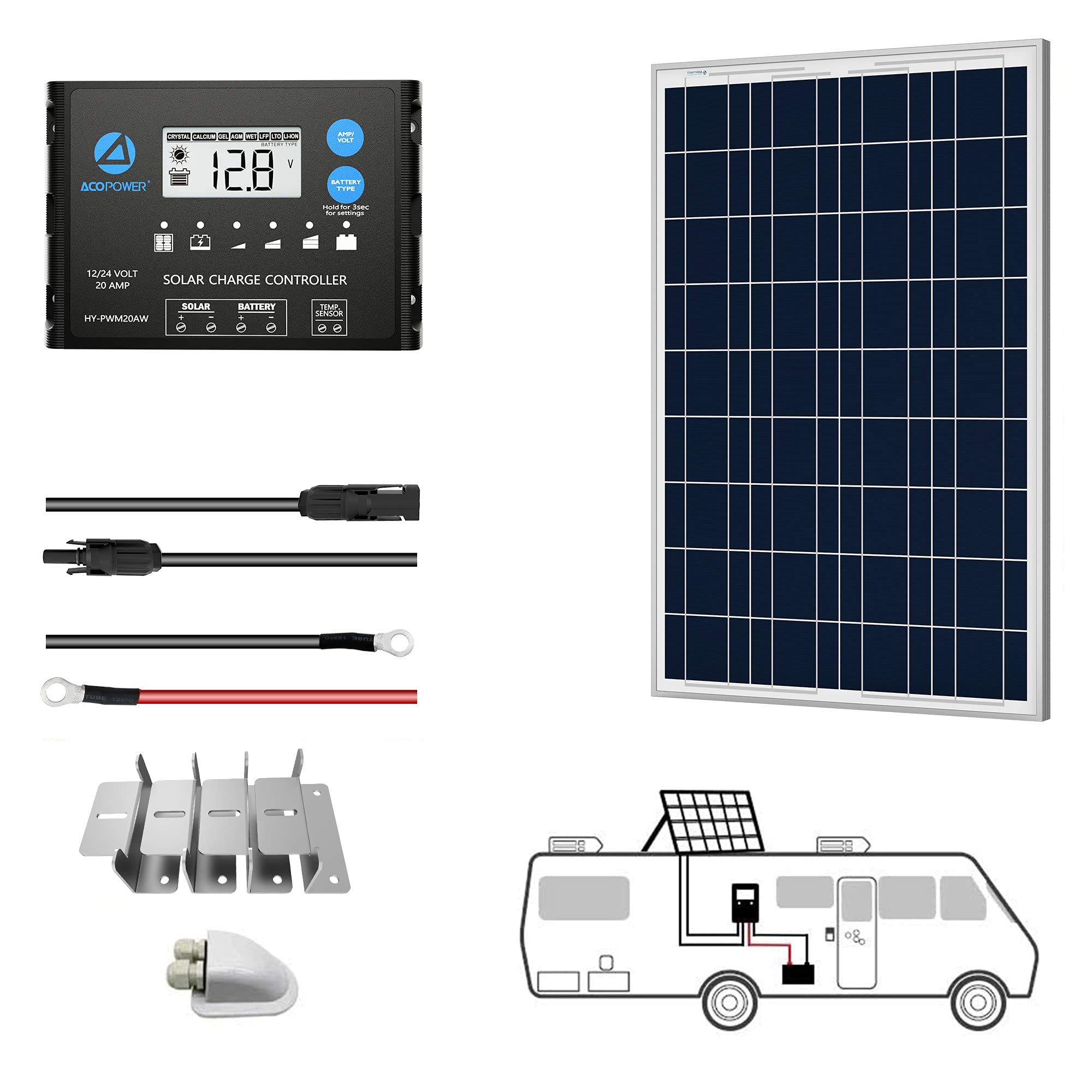 ACOPOWER 12V Polycrystalline Solar Panel Kit for RV with MPPT/PWM Charge Controller - Off-Grid Power for Camping, Boating & Outdoor Adventures