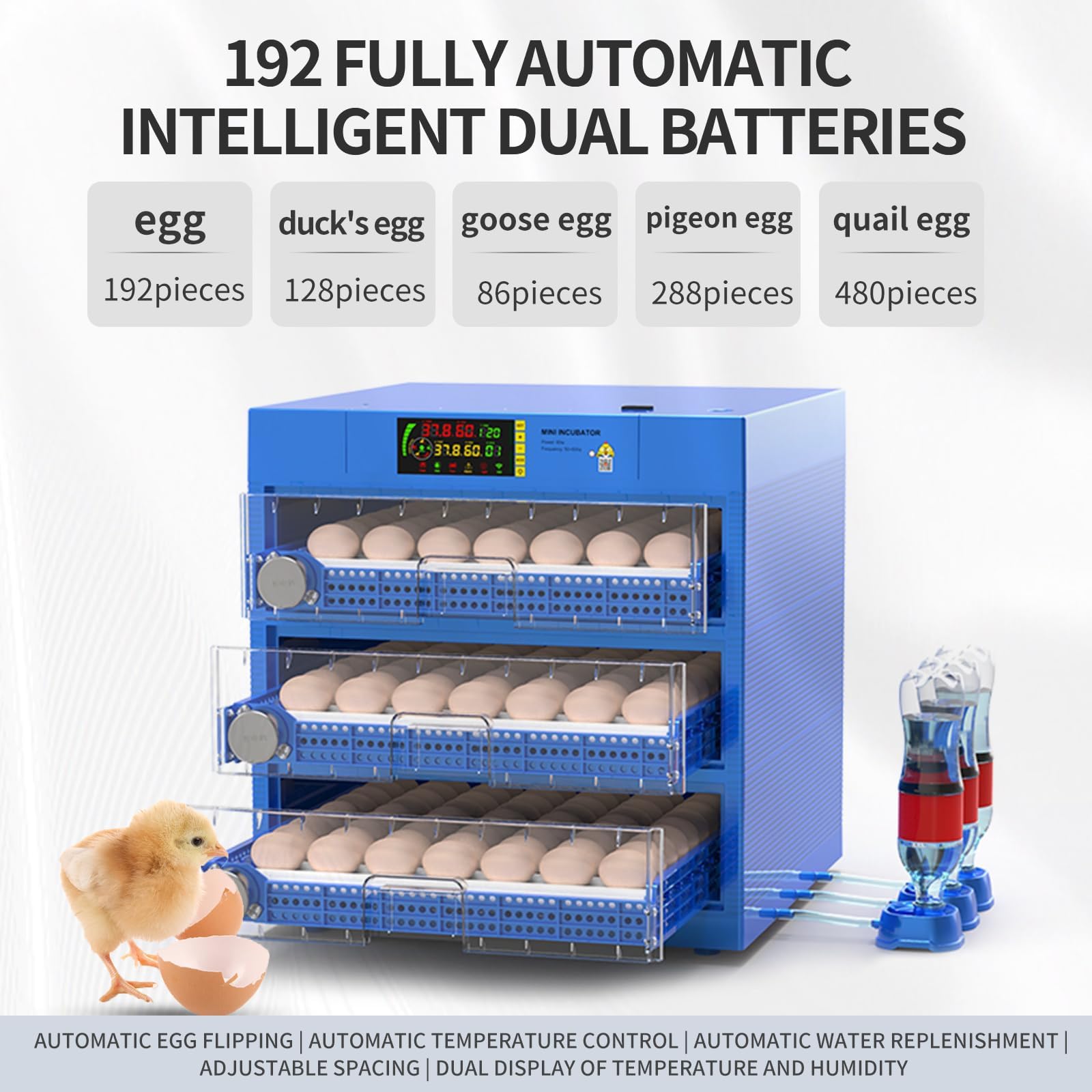 192 Eggs Poultry Incubator with Auto Turner & Temperature Control - Automatic Dual Power Hatching Machine for Chicken, Duck, Goose, Quail Eggs - Perfect for Home Farms, Hatcheries & Backyard Poultry Breeding (Includes Egg Candler & Ventilation System)