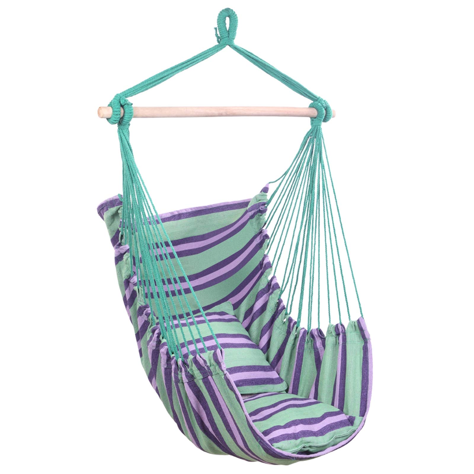 Hanging Rope Swing Chair - Comfortable Hammock Chair for Adults, Indoor/Outdoor Use with 2 Seat Cushions (Green) - Perfect for Bedroom, Porch, Garden, Patio & Yard Relaxation