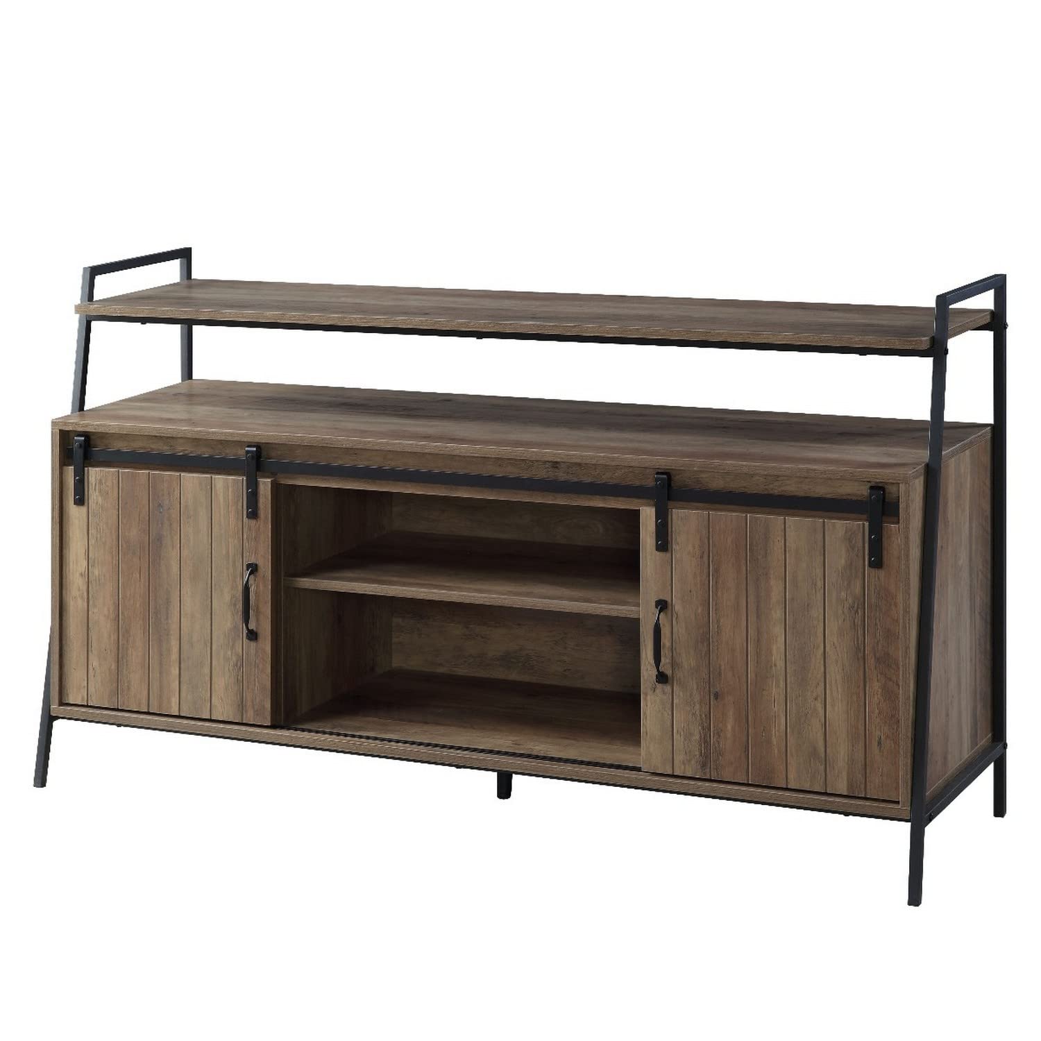 Benzara BM262160 Oak Brown TV Stand with 2 Sliding Barn Doors & Tubular Frame - Modern Farmhouse Entertainment Center for Living Room, Bedroom, or Home Theater