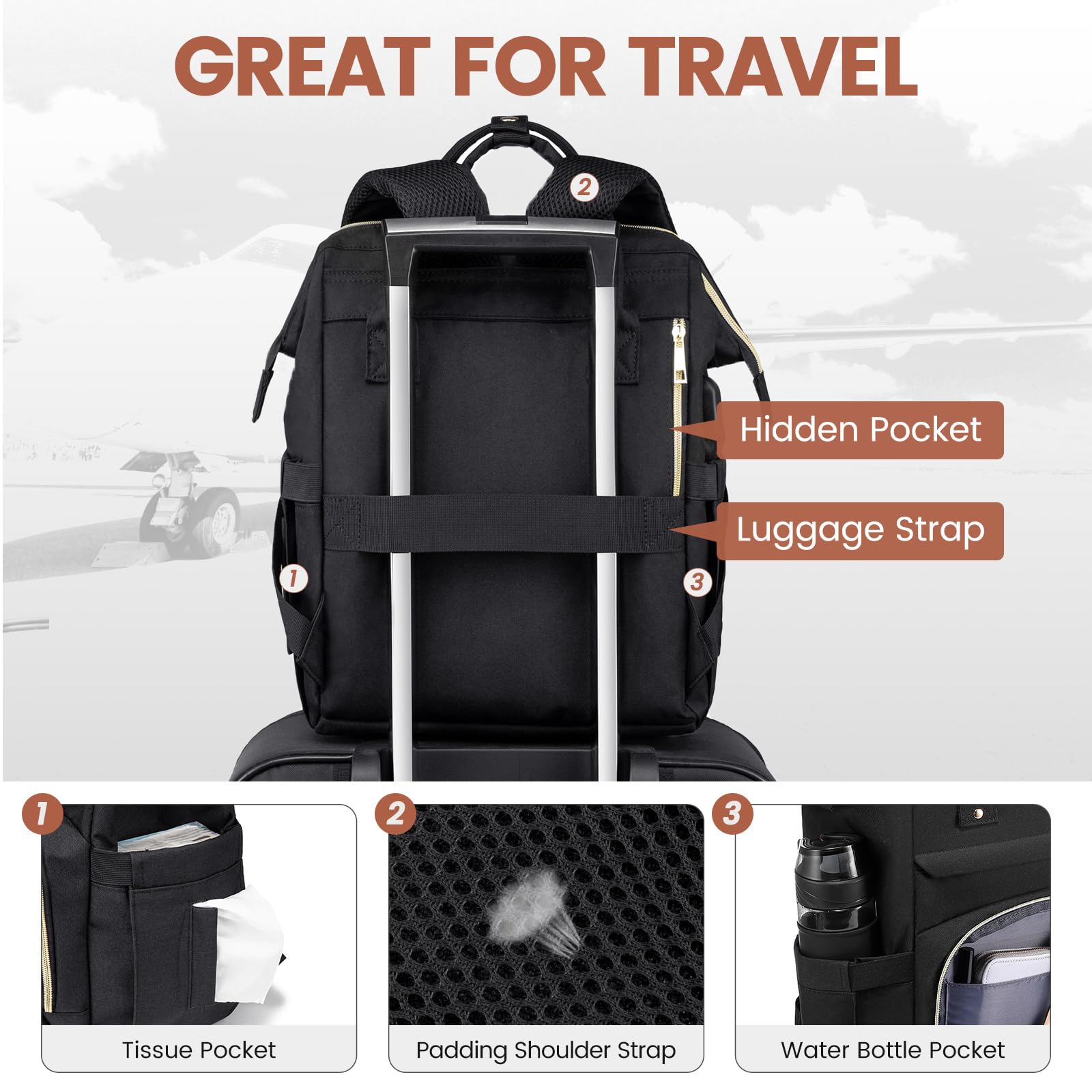 LOVEVOOK 15.6 Inch Laptop Backpack for Women - Waterproof Professional Computer Bag with USB Charging Port - Perfect for Work, Travel, College, Nursing & Teaching (Black)
