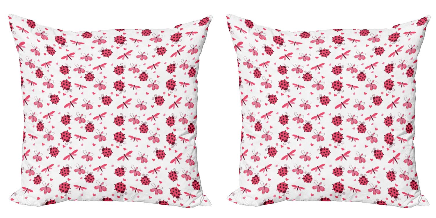 Ambesonne Ladybugs Decorative Throw Pillow Covers Pack of 2 - Round Ladybug with Hearts, Flowers & Dragonflies Romantic Design - 16 Inch Red & White Cushion Covers for Sofa, Bedroom & Living Room - Perfect for Home Decor, Gift Giving & Seasonal Accents