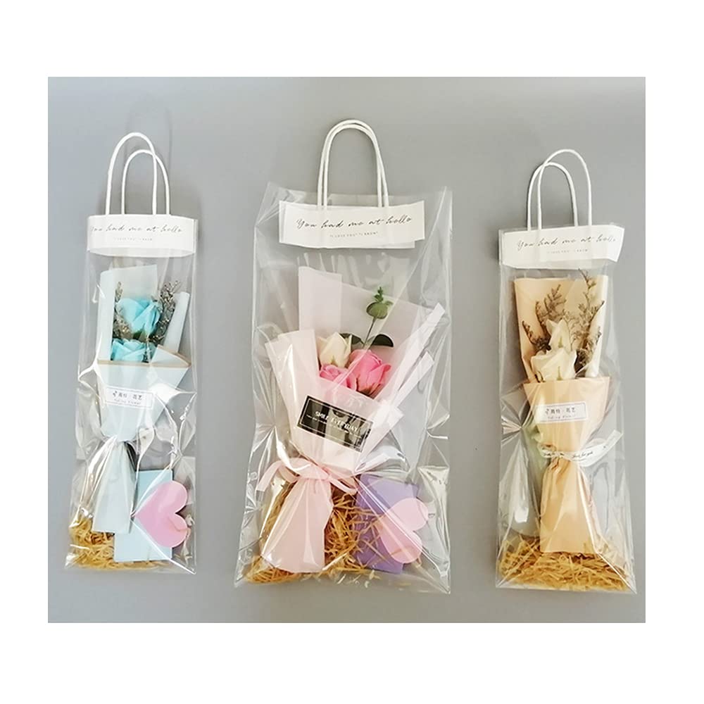 20Pcs Clear PVC Flower Gift Bags with Handles - Bulk Plastic Shopping Tote Bags for DIY Gift Wrapping, Wedding Favors, Valentine's Day Decorations & Party Supplies - Perfect for Floral Arrangements, Bridal Showers & Holiday Gifting