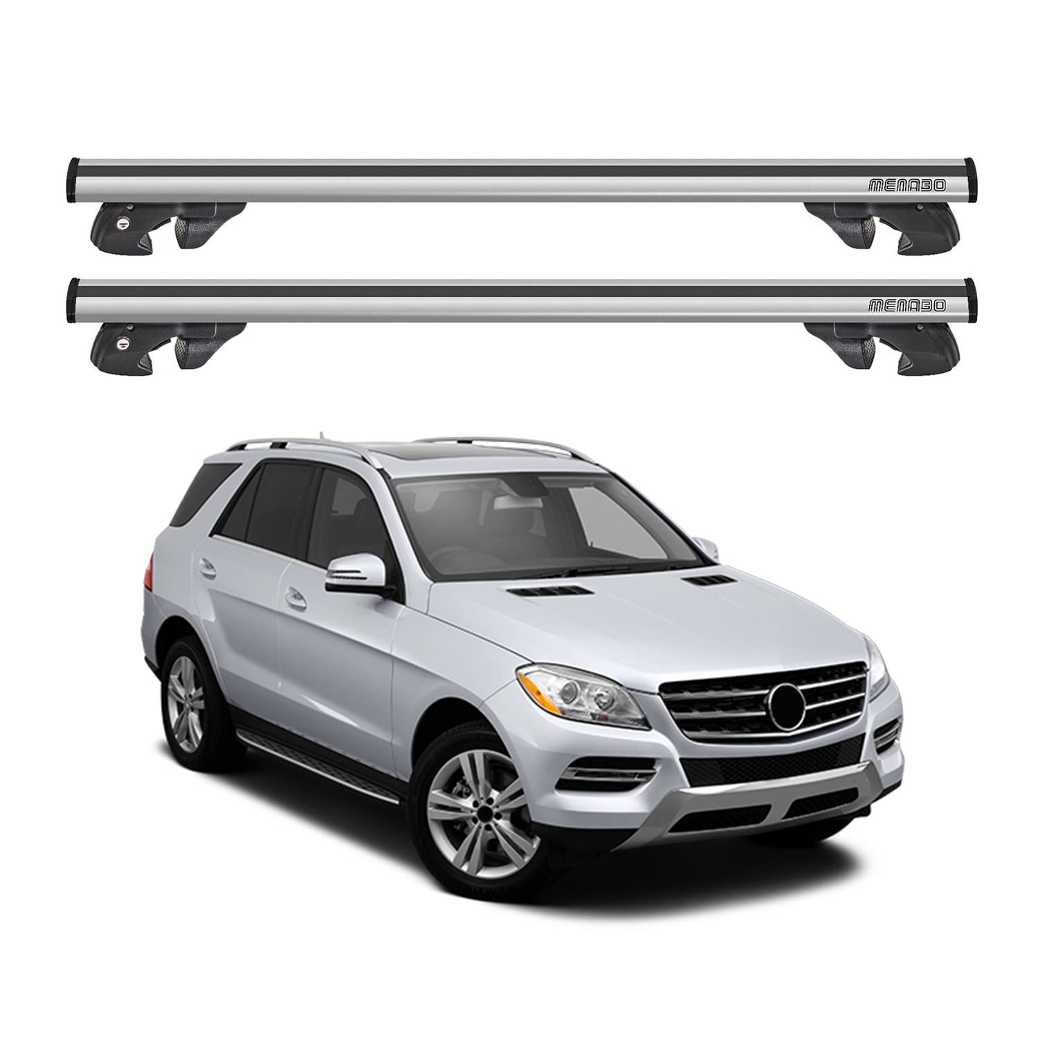 OMAC Adjustable Anti-Theft Roof Rack Cross Bars for Mercedes ML-Class W166 (2011-2015) - 2-Piece Silver Aluminum Cargo Carrier with 198 Lbs Capacity - Perfect for Transporting Bikes, Kayaks, Luggage & Outdoor Gear on Road Trips & Adventures
