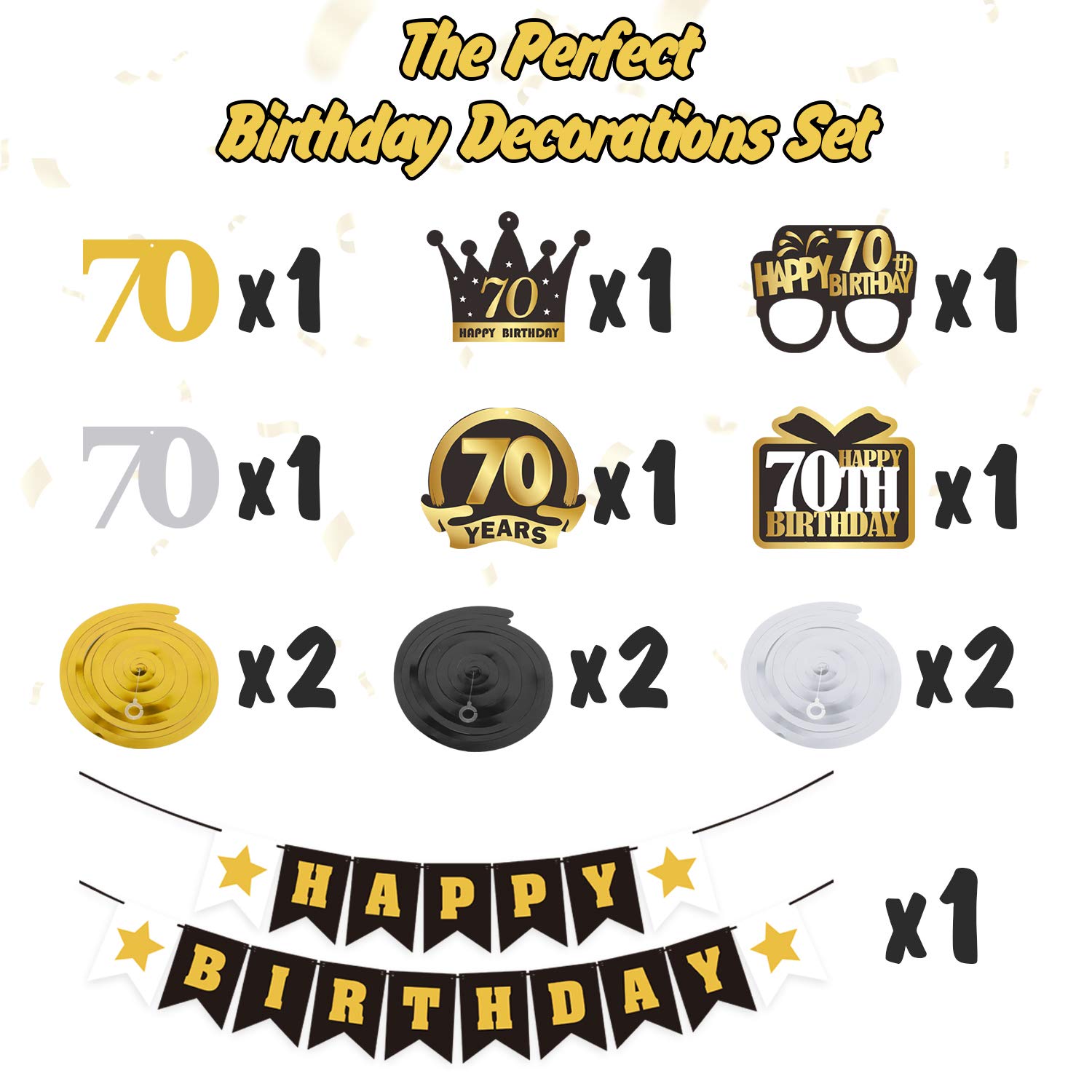 LINGTEER 70th Birthday Party Decorations Set - Happy Birthday Banner, Swirl Streamers & Hanging Backdrop for Seventy Years Old Celebration | Perfect for Milestone Birthday Parties, Retirement Events & Family Gatherings