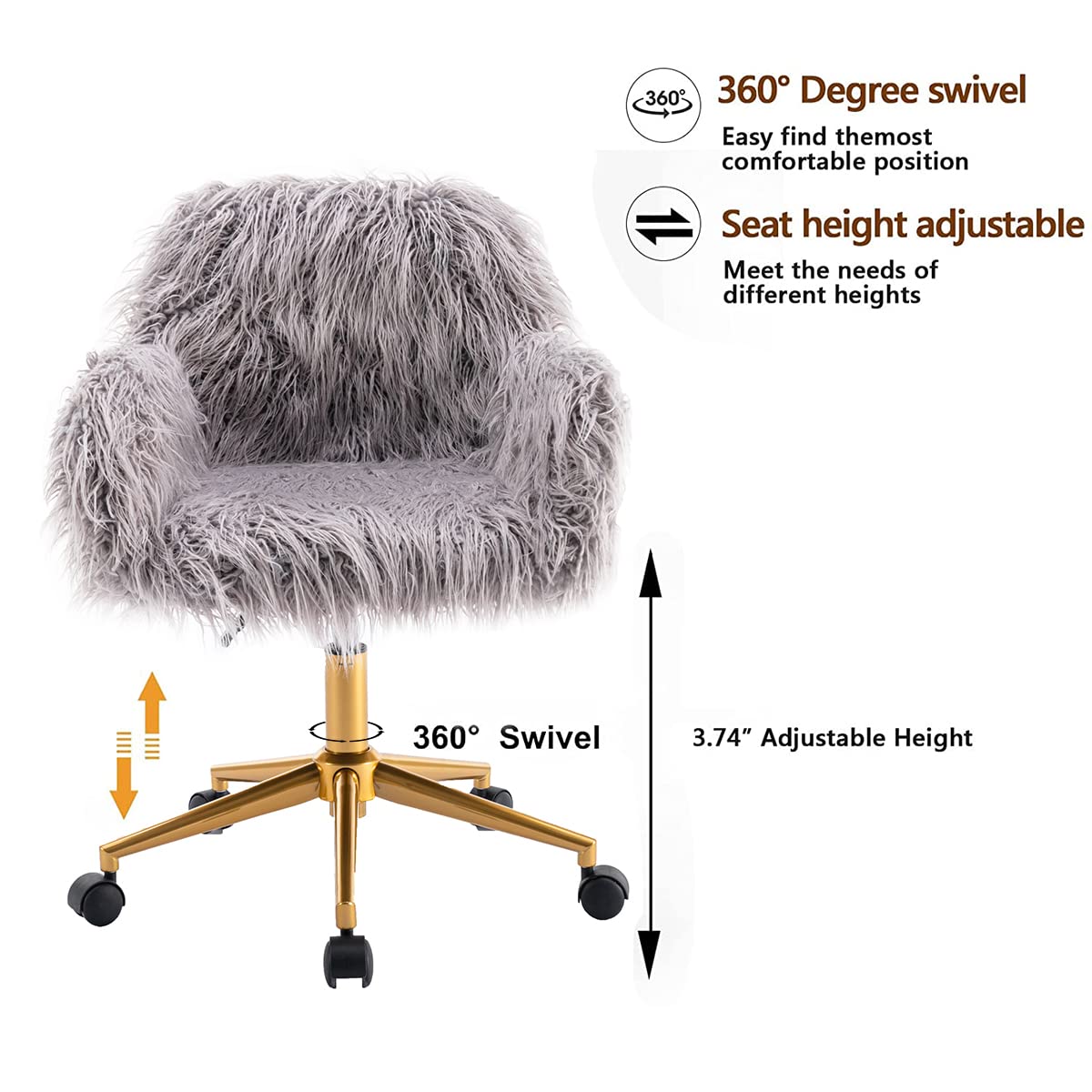 Fluffy Faux Fur Swivel Desk Chair - Adjustable Height Vanity Chair with Golden Base for Home Office, Gaming & Makeup Room - Soft Accent Chair for Small Spaces