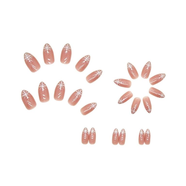 CherryBox 24-Piece Glitter Press on Nails - Long Pointed Snowflake Design with Shiny Pink Sparkles (Includes Nail Glue & Stickers) - Perfect for Christmas Parties, Weddings & Special Occasions