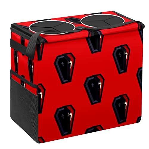 Foldable Leakproof Car Trash Can with Lid - Medium Size Storage Organizer for SUV, Halloween Coffin Red Design, Hanging Double-Opening Garbage Bin with Mesh Pockets - Perfect for Road Trips, Daily Commute & Car Organization Accessories