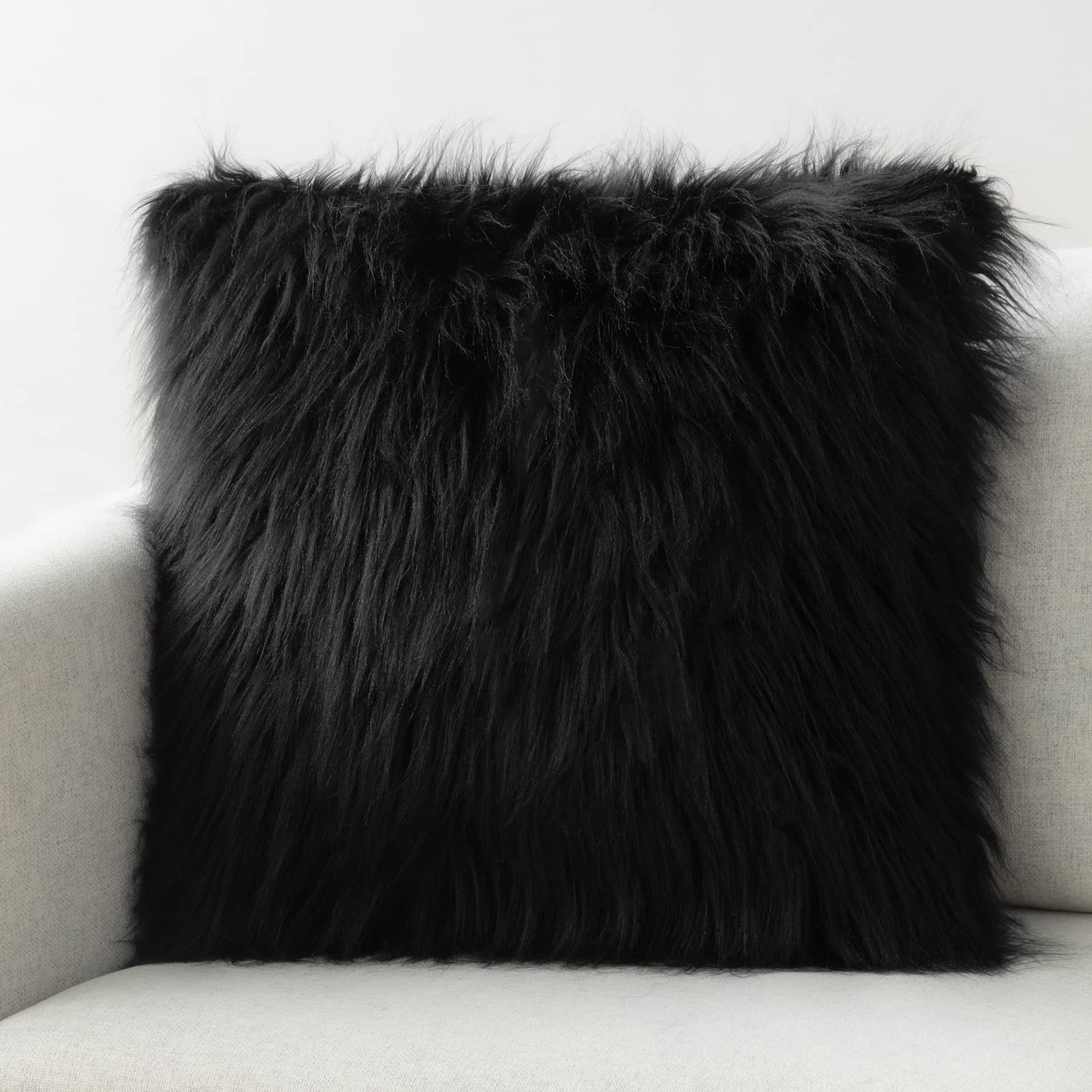 Luxury Faux Fur Pillow Cover 18x18 Inches - Soft Fluffy Mongolian Throw Pillow Case for Bedroom, Couch & Living Room Decor - Black Fuzzy Cushion Cover for Cozy Home & Gift Ideas