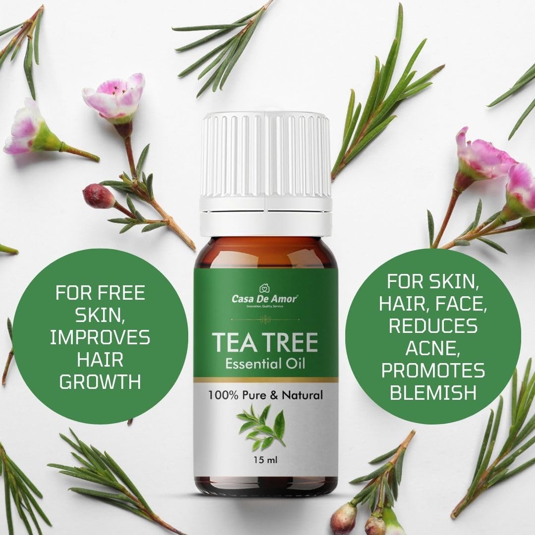 Pure Tea Tree Oil for Skin & Hair - Reduces Acne, Promotes Clear Skin & Hair Growth | 15ml Essential Oil for Face Care, Scalp Treatment & Natural Beauty | Perfect for DIY Skincare & Aromatherapy