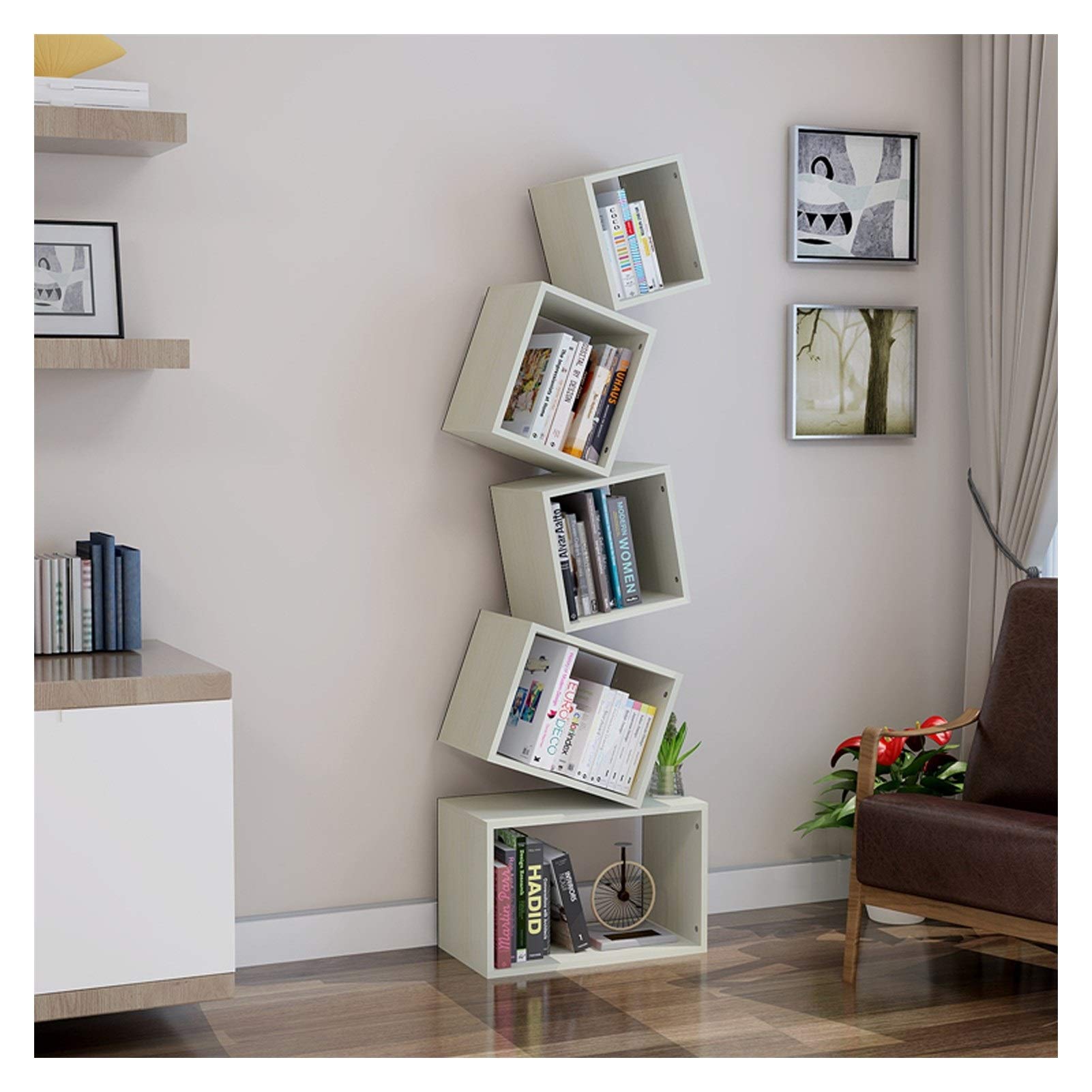 5-Tier Geometric Bookshelf - Modern Stacked Square Bookcase for Home & Office - Creative Storage & Display Shelf - White - Perfect for Living Room, Bedroom, Study & Office Organization