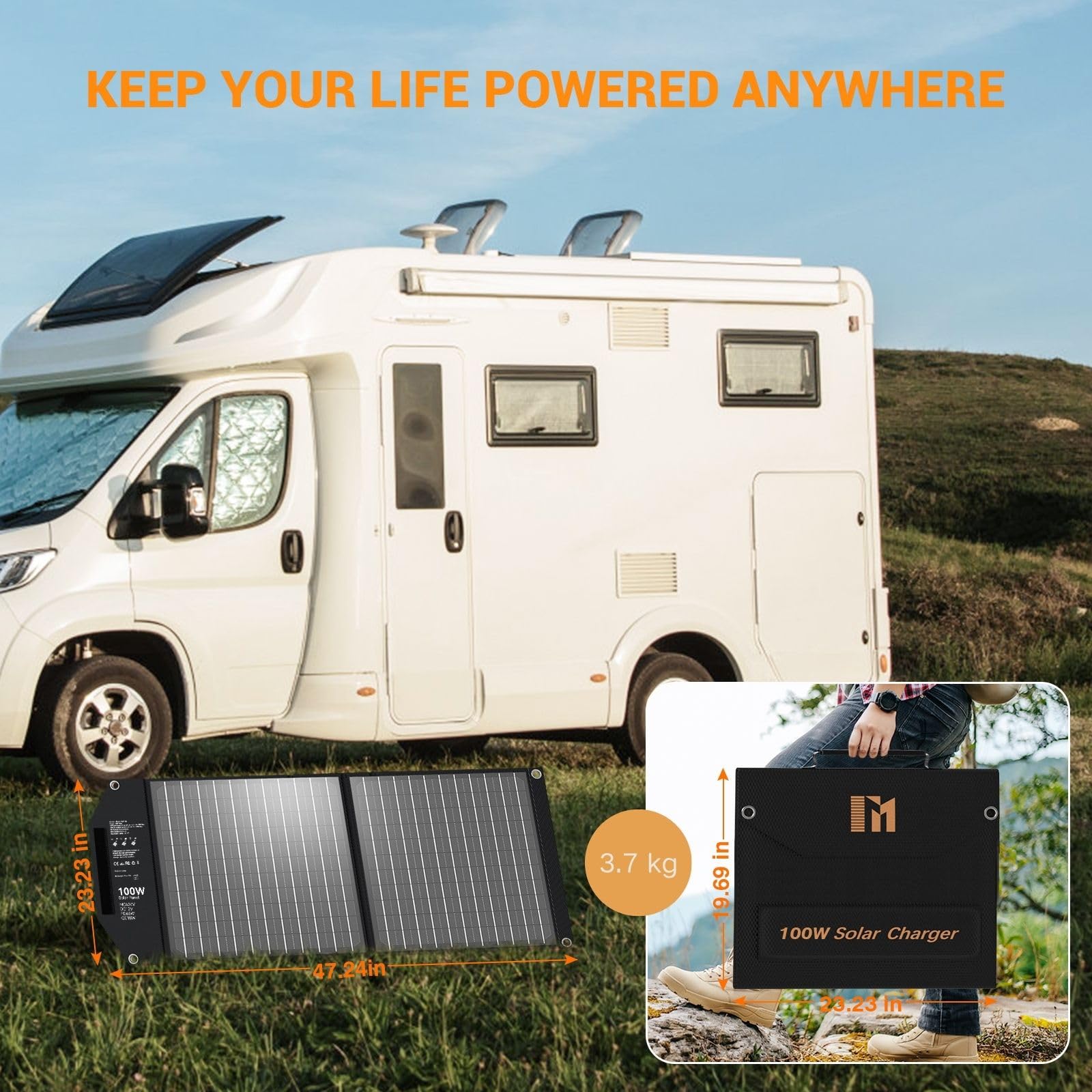 100W Portable Solar Panel with 5 Outputs - 24V MC4/12V DC/QC3.0 USB-A & USB-C PD65W - Foldable Solar Charger for Camping, RV, Off-Grid Power Stations & Outdoor Adventures - Waterproof & Lightweight Solar Panel Kit for Emergency Power Backup