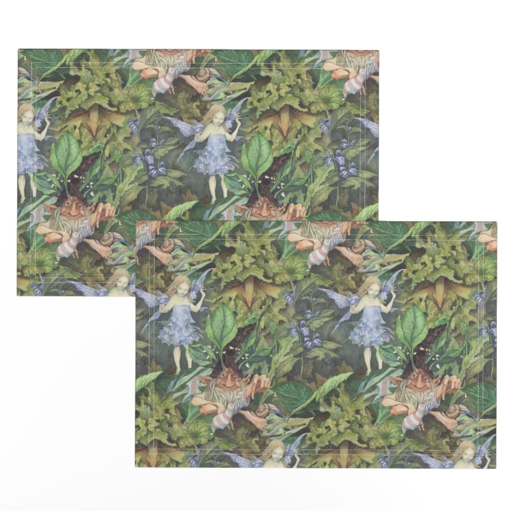 Premium Linen Cotton Canvas Placemats Set of 2 - Forest Nature Fantasy Fairy Herb Printed Table Mats for Dining, Kitchen Decor & Gift Giving | Eco-Friendly Washable Place Settings