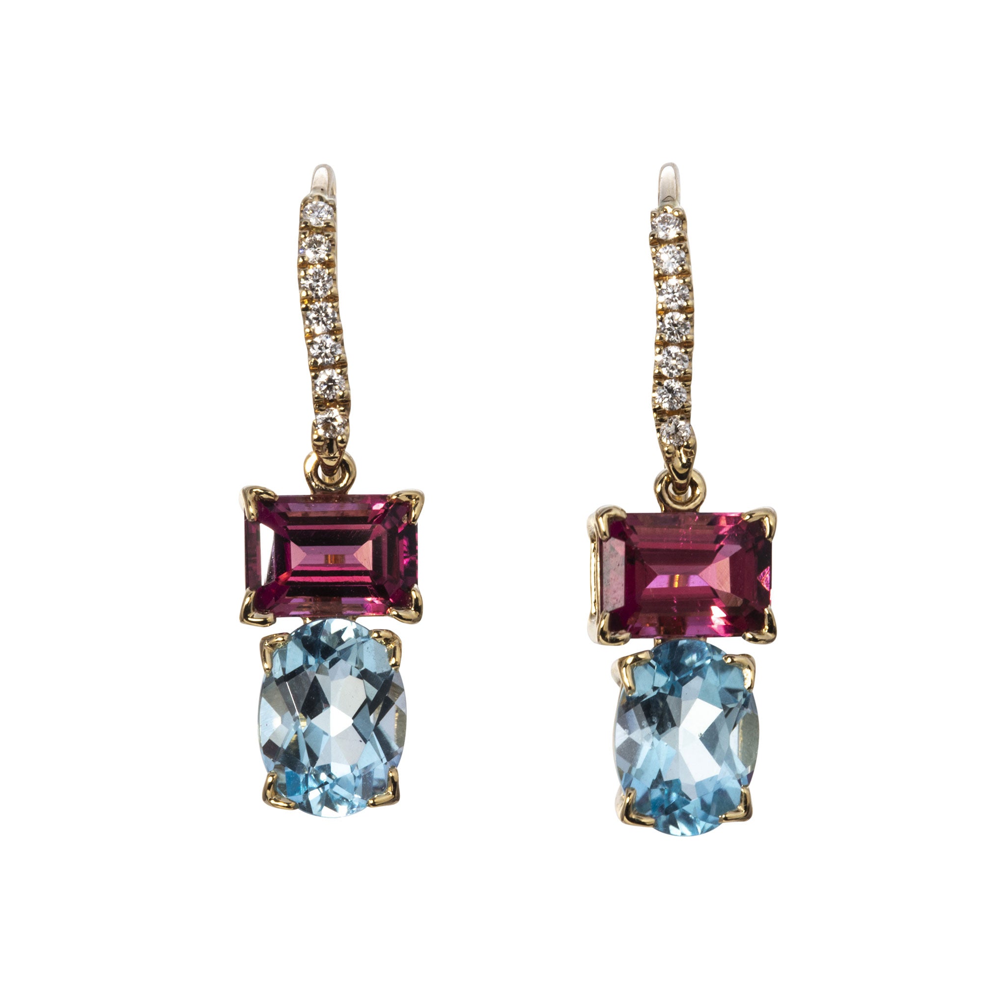 14K Gold Blue Topaz & Pink Tourmaline Dangle Earrings - Elegant River Design Jewelry for Women, Perfect for Weddings, Parties & Special Occasions