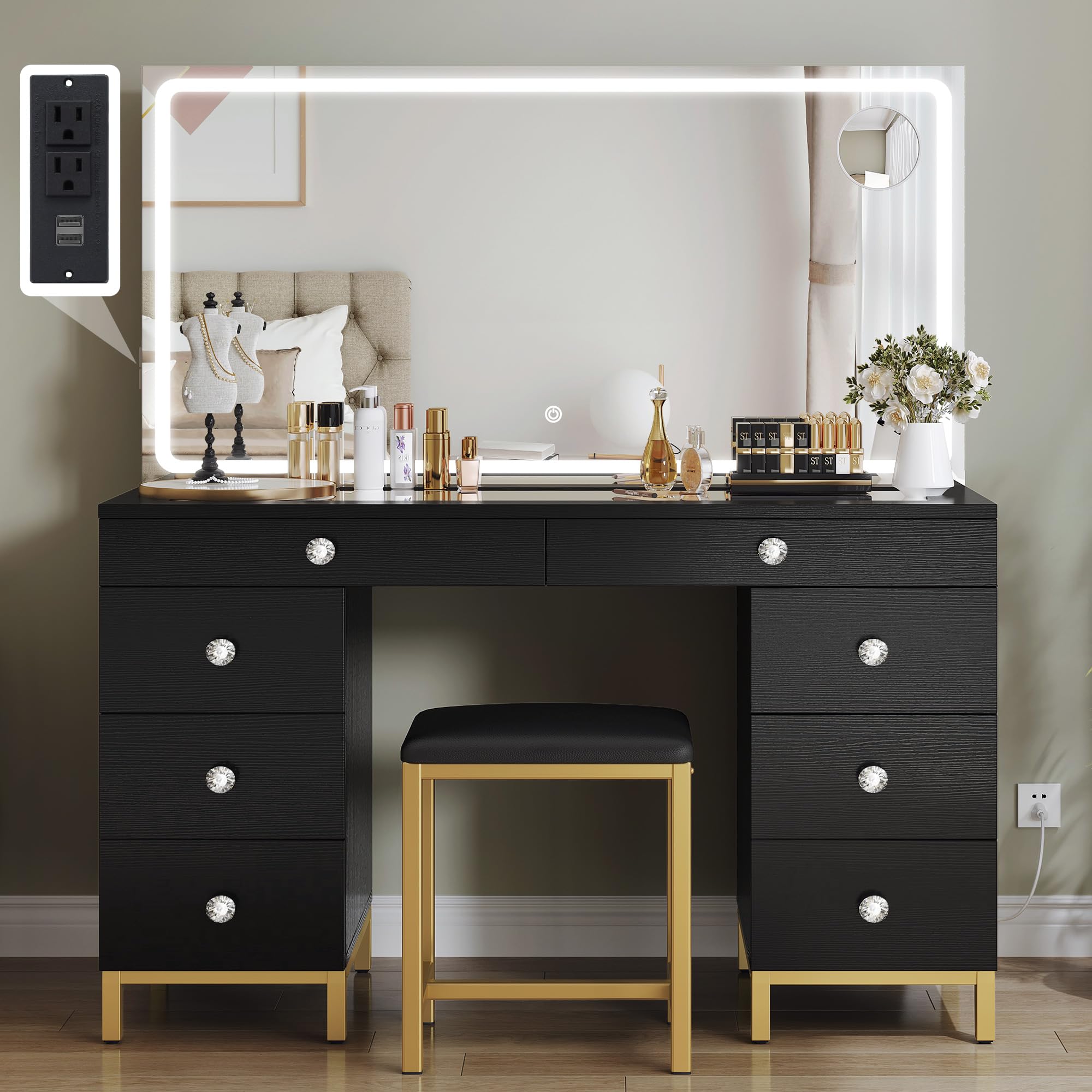 DWVO Vanity Desk with LED Lighted Mirror, Power Outlet & Magnifying Glass - 8 Drawer Makeup Dressing Table with 3 Color Modes (Black) for Bedroom, Dressing Room & Home Salon | Perfect for Makeup Application, Skincare Routine & Hair Styling