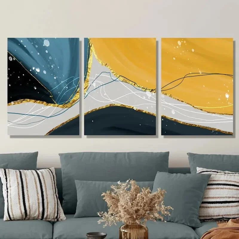 3-Piece Abstract Golden Landscape Metal Wall Art Prints - Ready to Hang Modern Home Decor for Living Room, Bedroom & Office