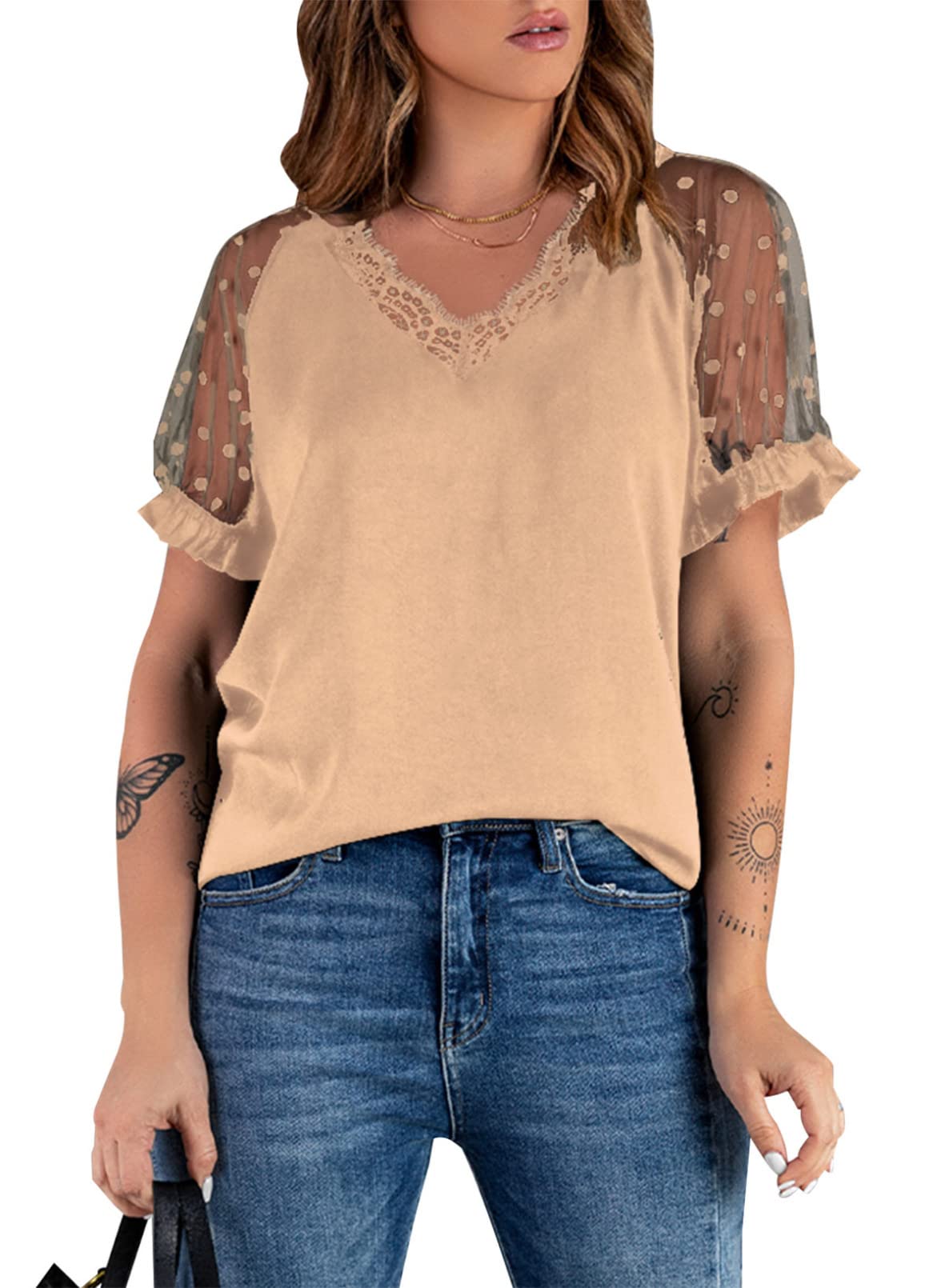 EVALESS Women's V-Neck Lace Trim T-Shirt - Floral Mesh Short Sleeve Blouse with Polka Dot Pattern - Perfect for Casual Wear, Office Outfits & Summer Fashion