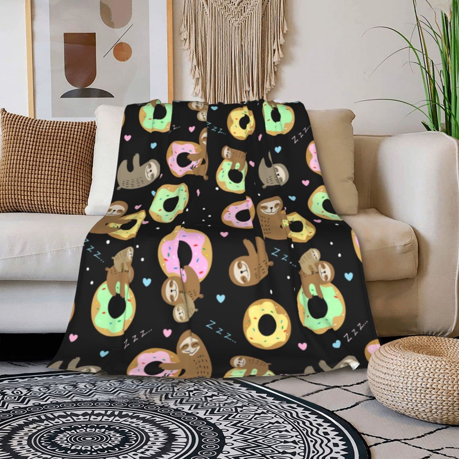 Sloth and Donut Throw Blanket - Ultra Soft Micro Fleece Blanket for Bed, Couch & Living Room - Cozy Warm Blanket for Netflix Nights, Winter Snuggles and Home Decor