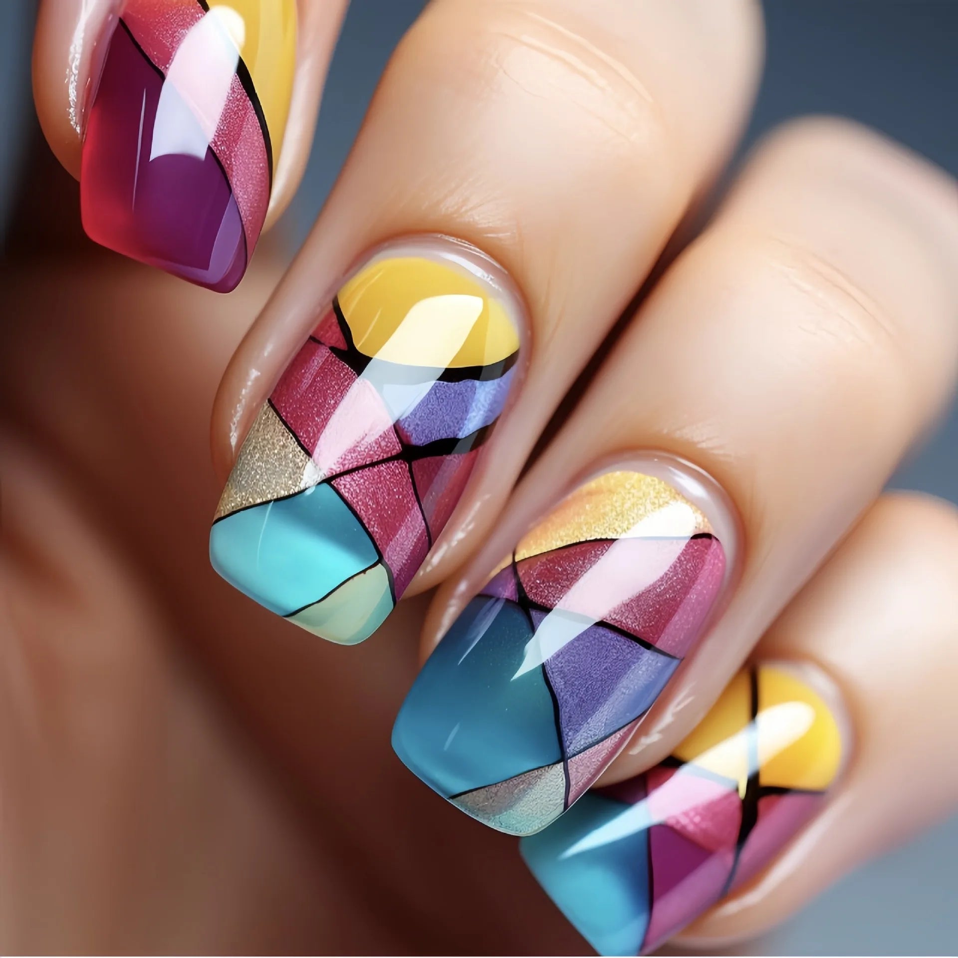 24Pcs Lightning Stripe Press on Fake Nails - Medium Length Square False Nails with Green Smudging Design, Reusable Full Cover Nail Tips for Women | Perfect for Parties, Weddings & Everyday Fashion