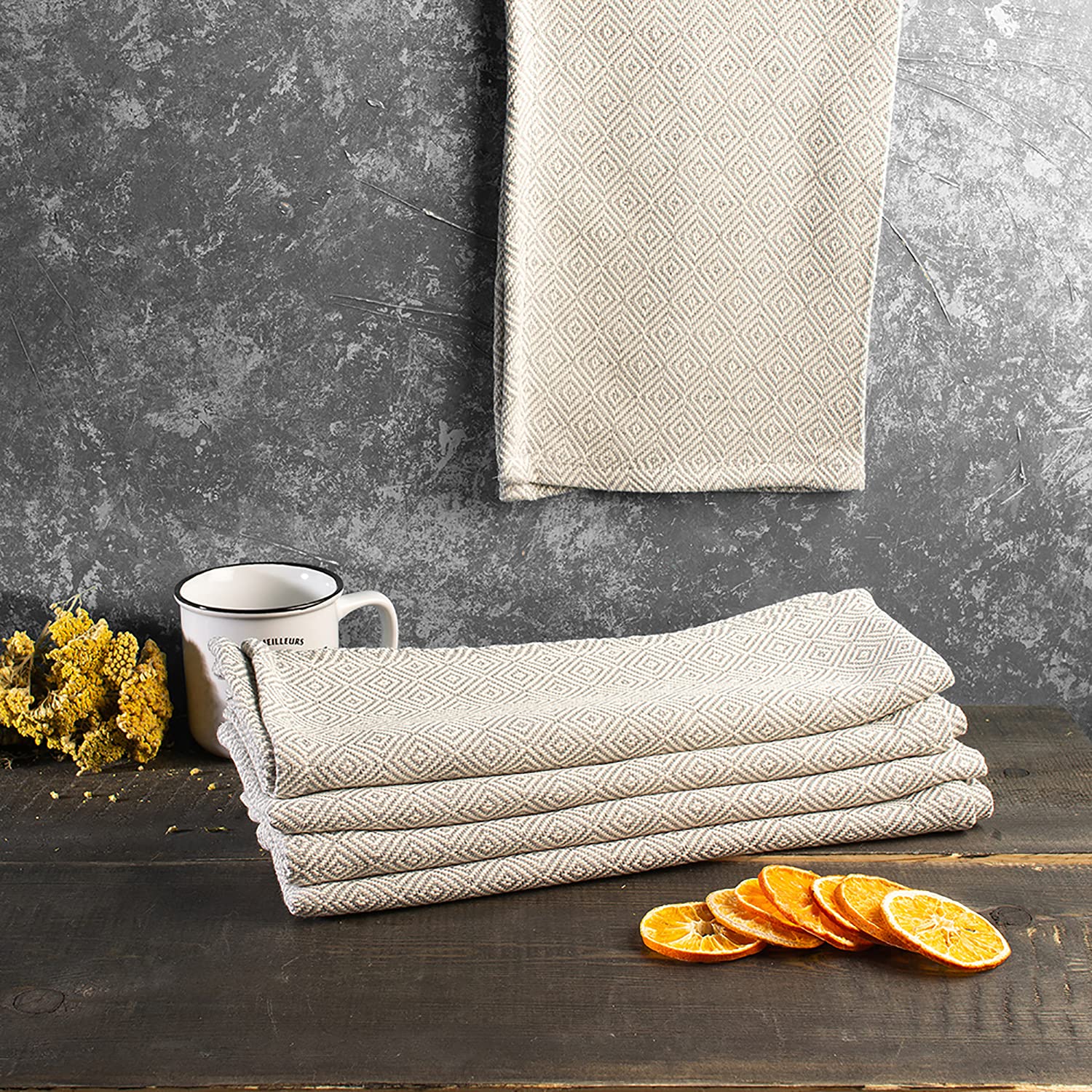 Premium 5-Pack Turkish Cotton Kitchen Towels - Super Absorbent Dish Drying Cloths & Bar Mops with Diamond Weave (Grey) | Ideal for Dishwashing, Bar Cleaning, and Home Decor