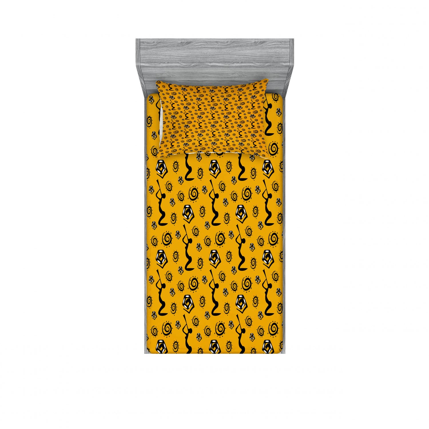 Ambesonne 2-Pack Tribal Print Twin XL Fitted Sheet & Pillow Sham Set - Native American Inspired Yellow & Black Bedding (4-Piece) for Dorm Rooms, Guest Beds & Boho Decor