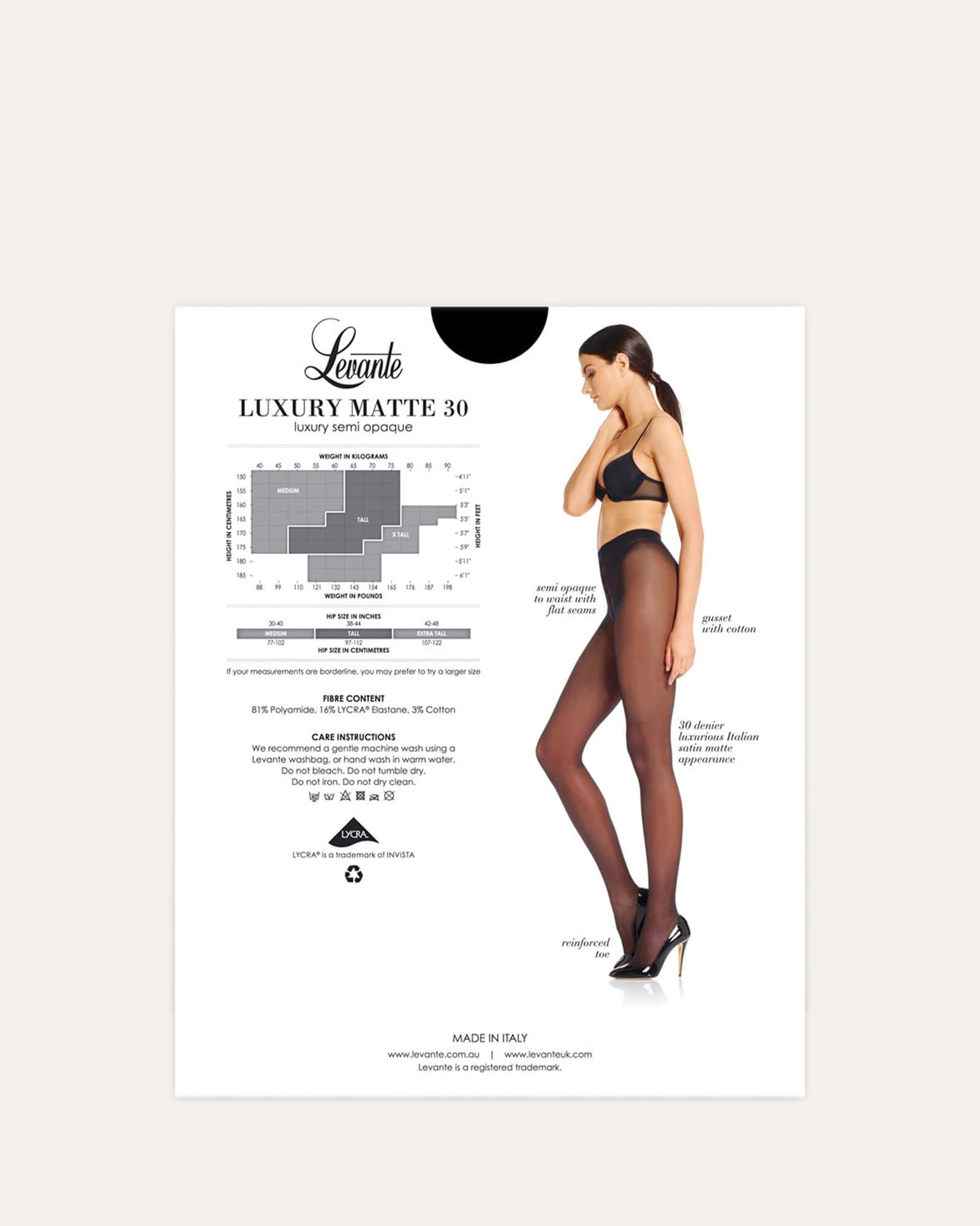 LEVANTE LUXURY Matte 30 Denier Tights for Women - Black Opaque Pantyhose, Comfortable & Stretchy - Perfect for Work, Party & Everyday Wear
