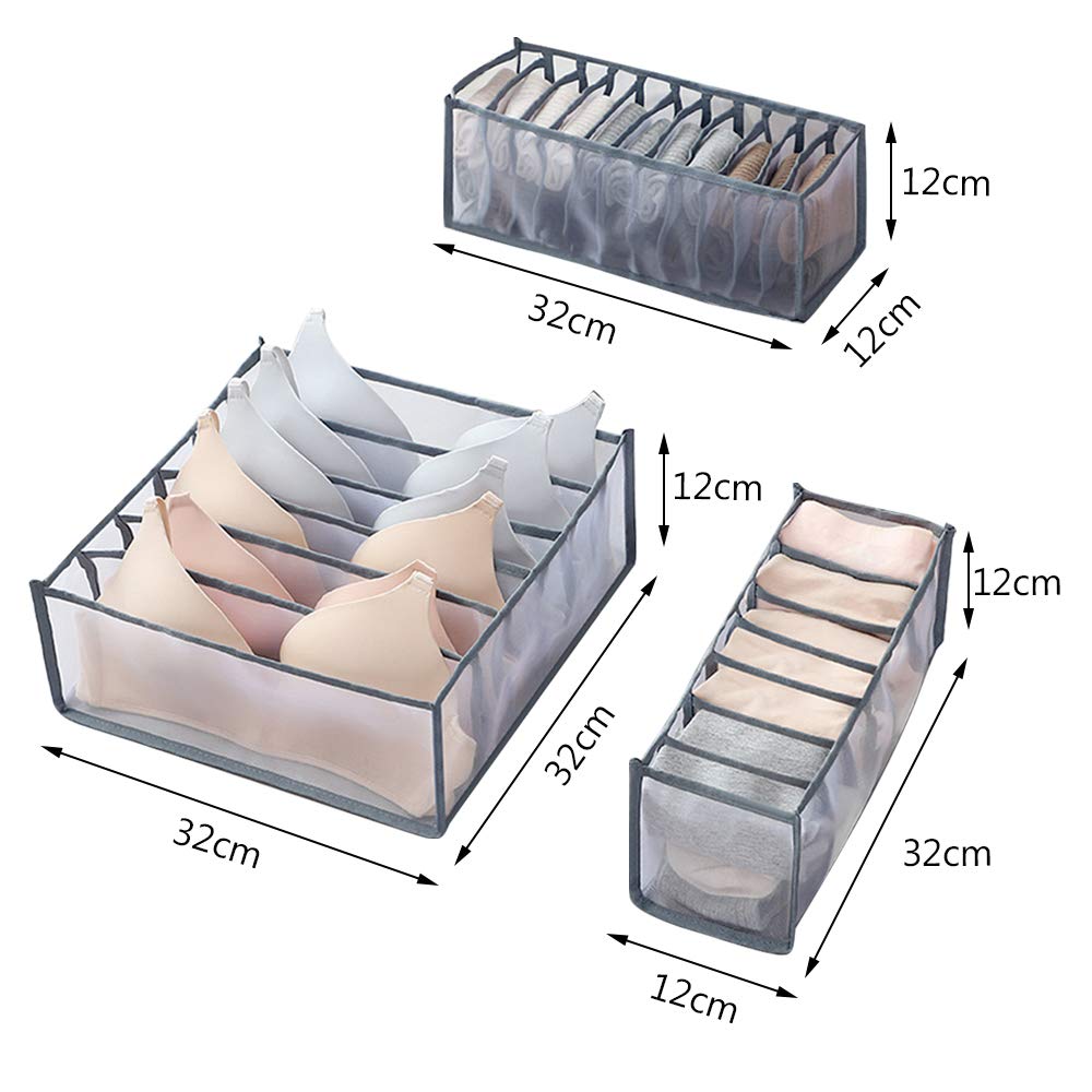 BADASS SHARKS 11-Grid Foldable Drawer Organizer Set of 3 - Socks & Underwear Storage Box, Bra Organizer for Dormitory, Closet & Home Organization | Perfect for College Students, Travel & Small Space Storage