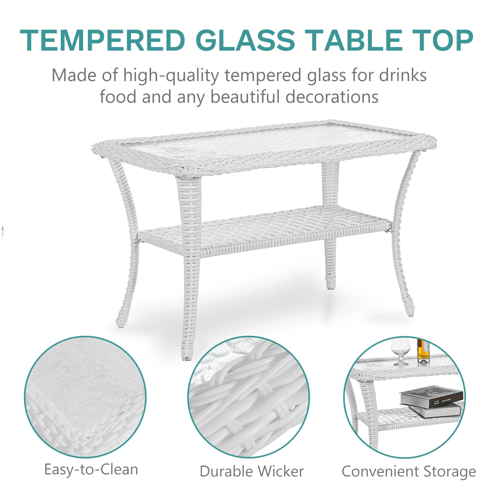MEETWARM 2-Person Outdoor Wicker Patio Glider Set with Glass-Top Coffee Table & Thickened Cushions - White Wicker/Navy - Perfect for Porch, Garden, Backyard Relaxation and Outdoor Entertaining