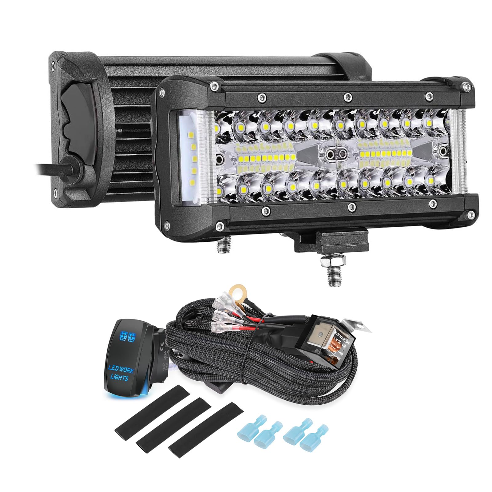 2PCS 7 Inch LED Light Bar for Off-Road Trucks & ATVs - Side Shooter Design with Wiring Harness Kit - Perfect for Night Driving, Camping & Outdoor Adventures