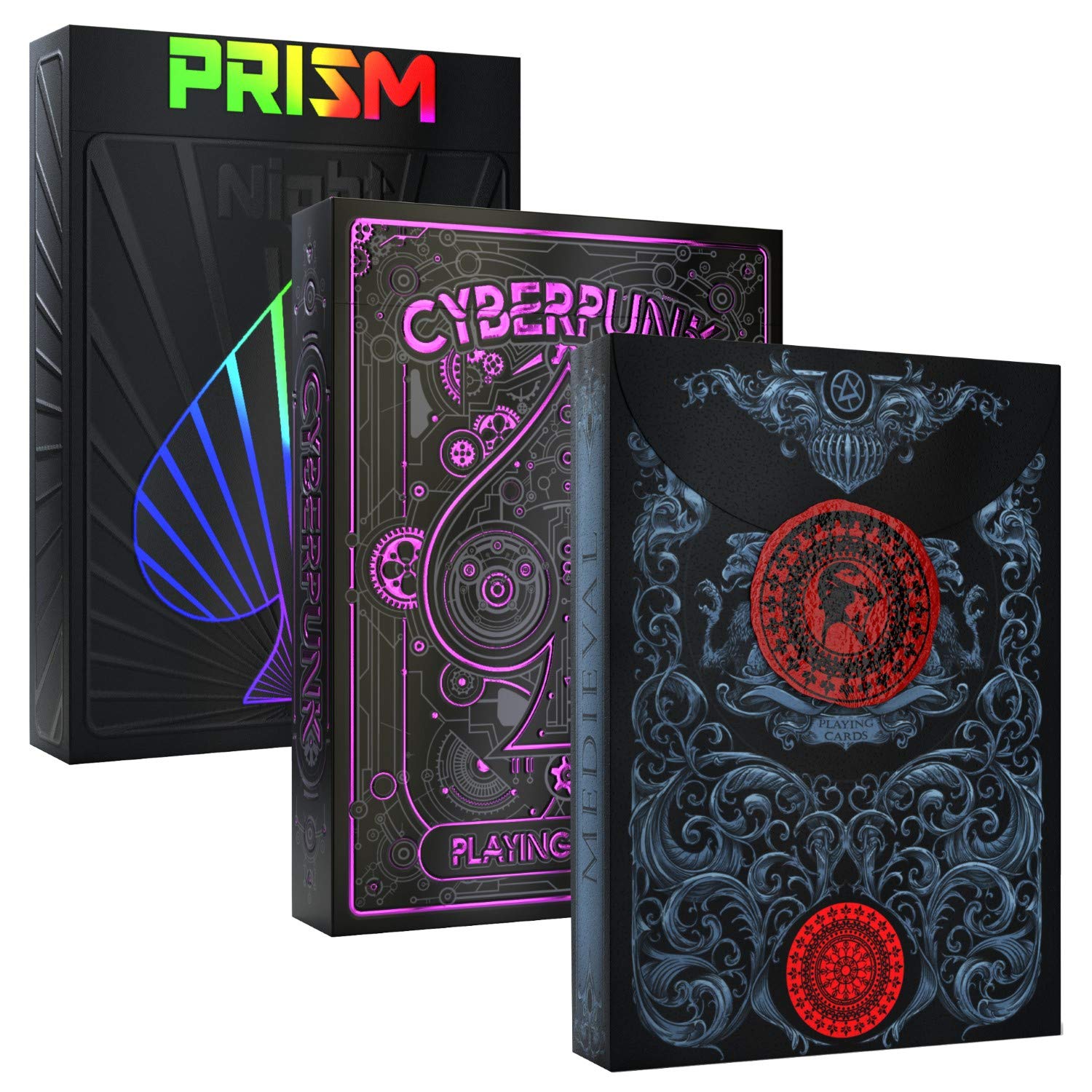 3-Deck Bundle: Medieval Stone, Cyberpunk Purple & Prism Night Premium Playing Cards - Save 15% | Durable Poker Cards for Magic Tricks, Cardistry & Game Nights